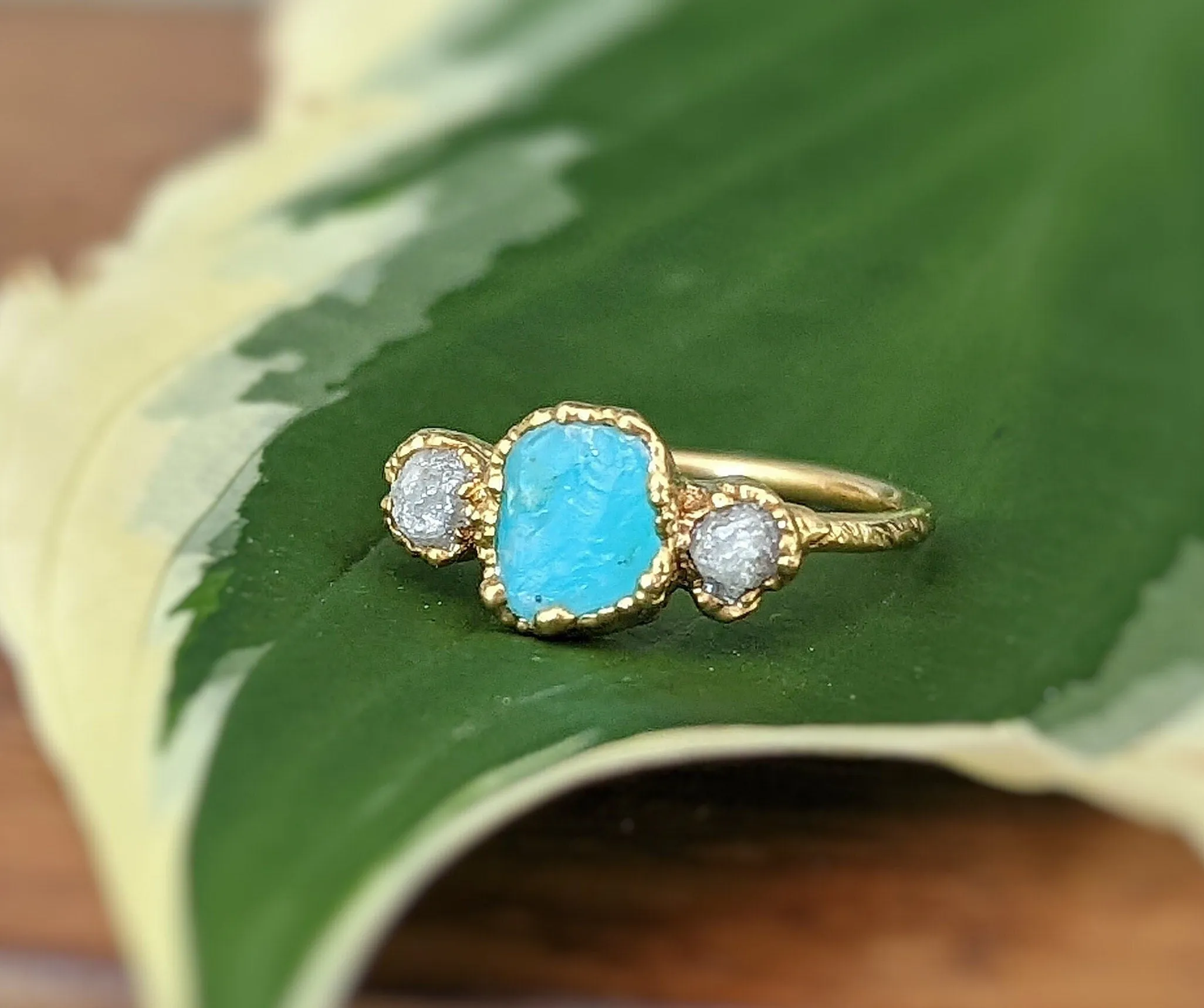 Raw Peruvian Opal and diamond ring in Solid 14k Gold