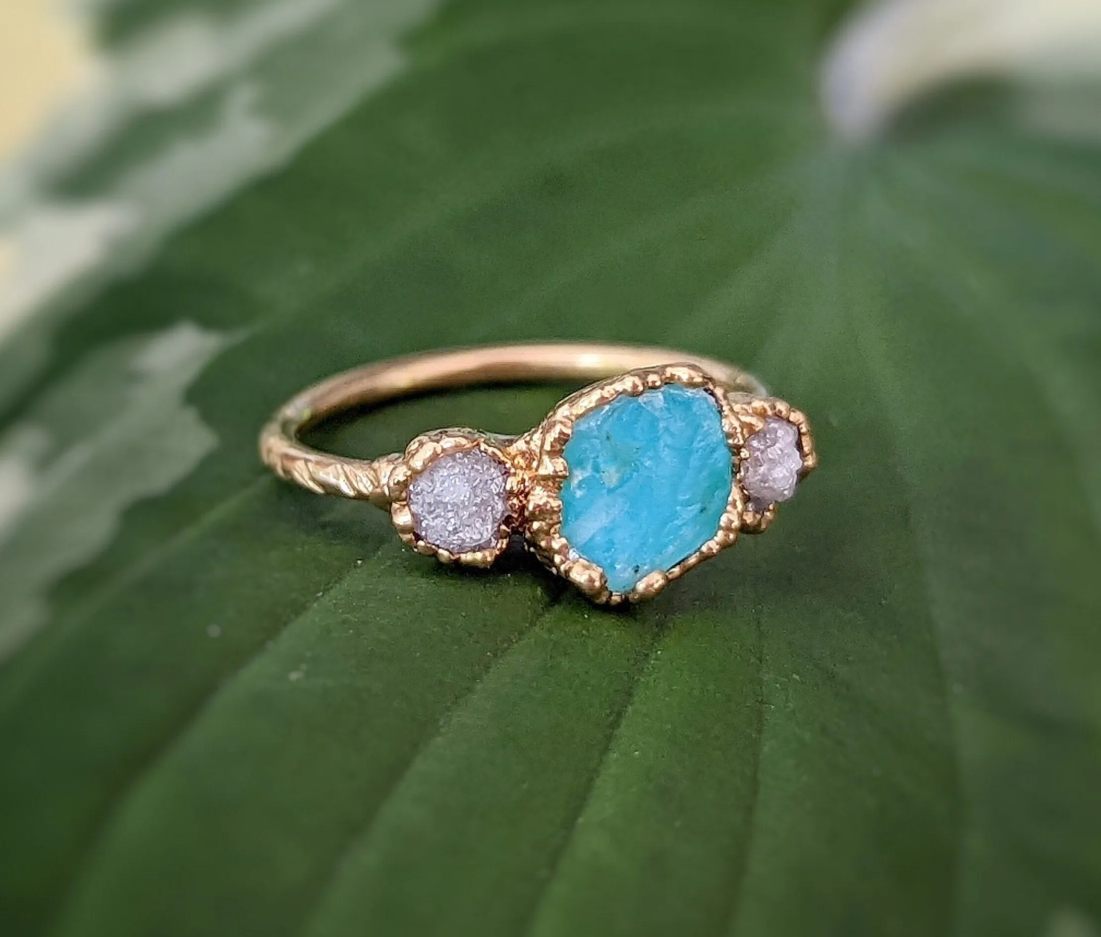 Raw Peruvian Opal and diamond ring in Solid 14k Gold