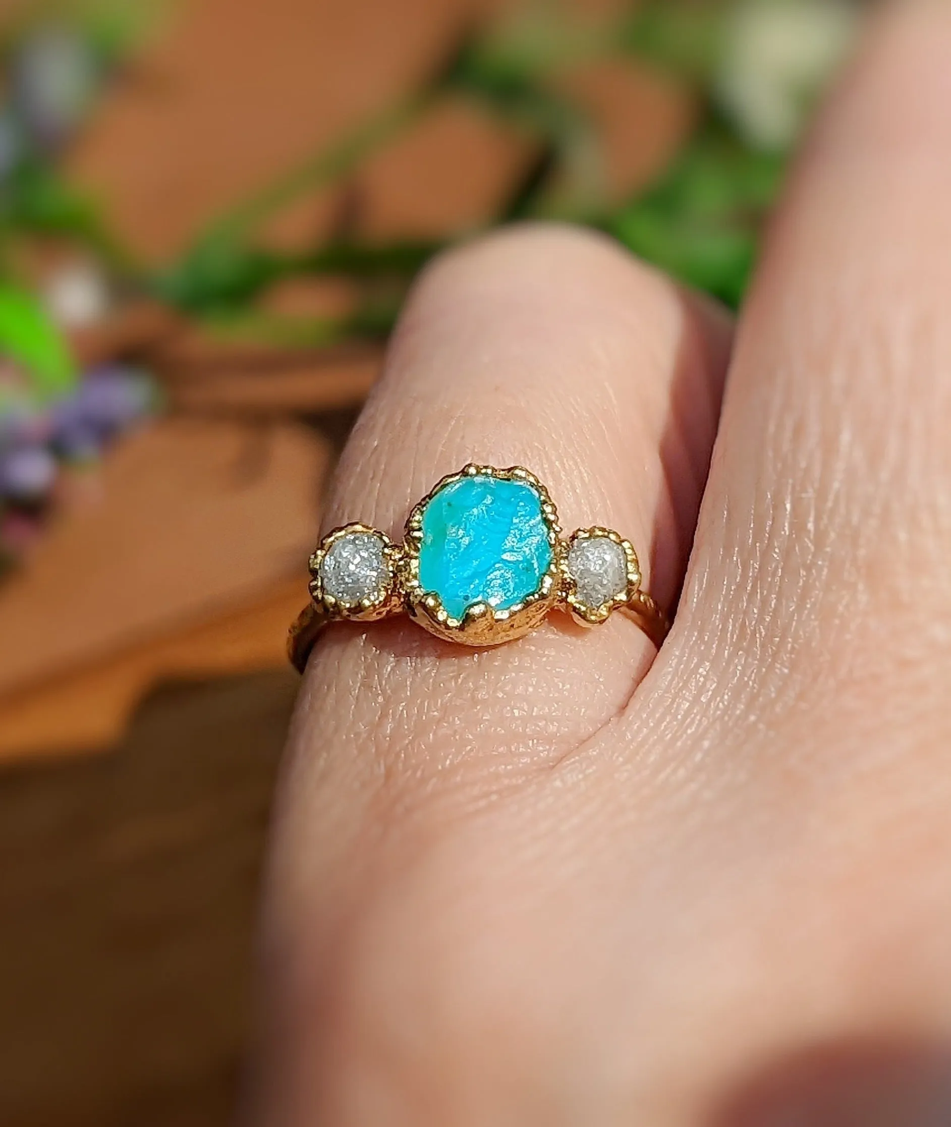 Raw Peruvian Opal and diamond ring in Solid 14k Gold