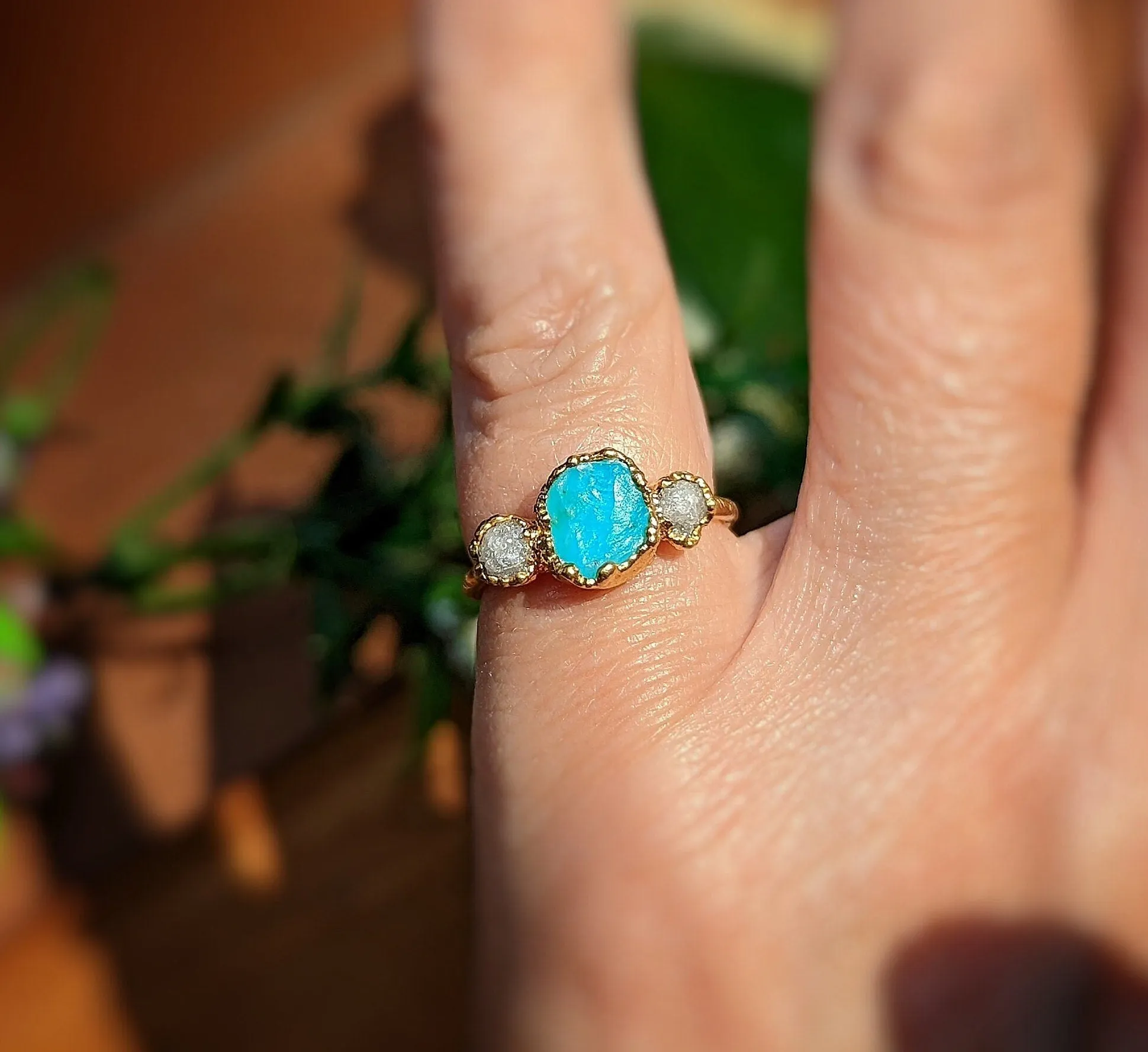 Raw Peruvian Opal and diamond ring in Solid 14k Gold