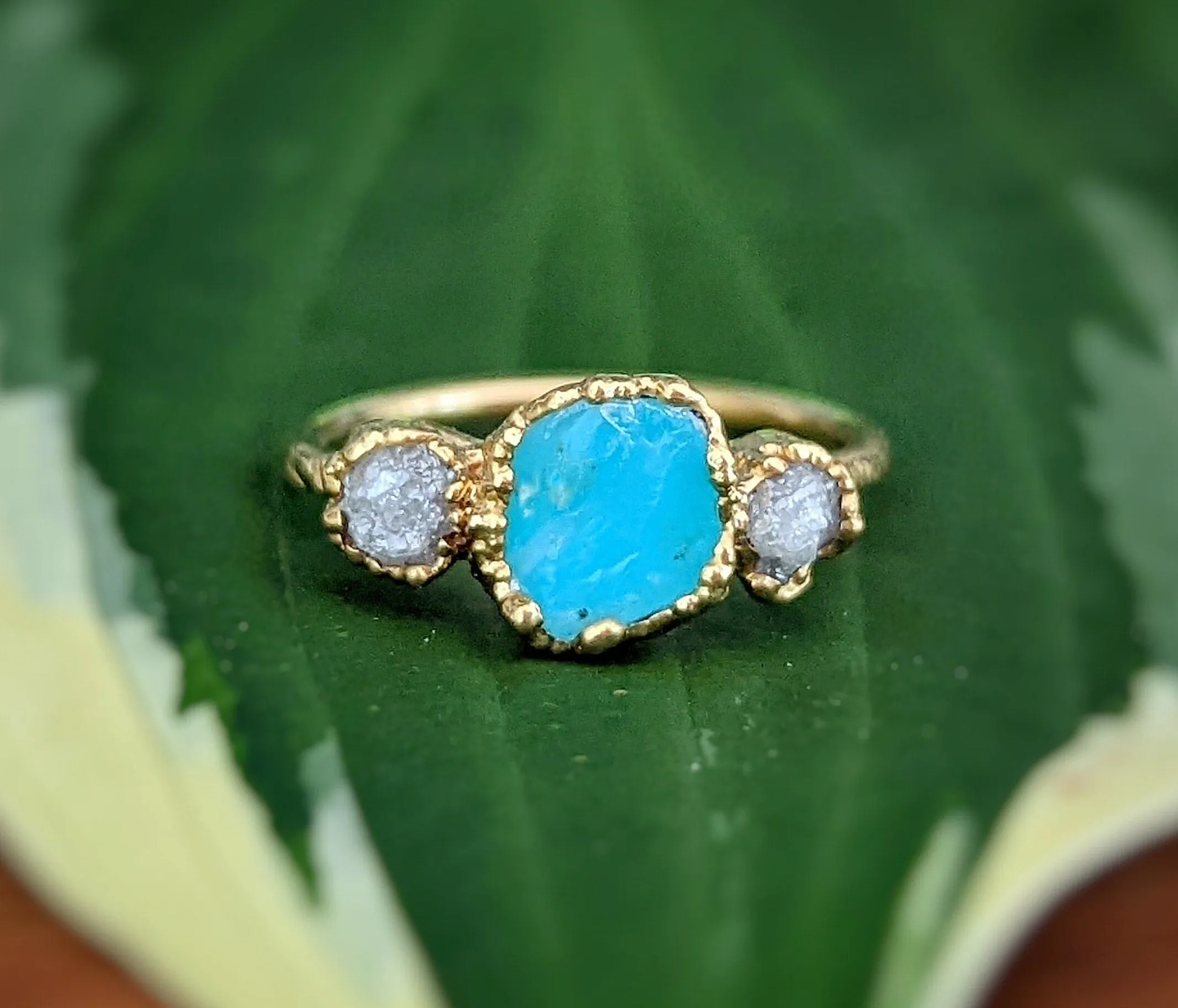 Raw Peruvian Opal and diamond ring in Solid 14k Gold