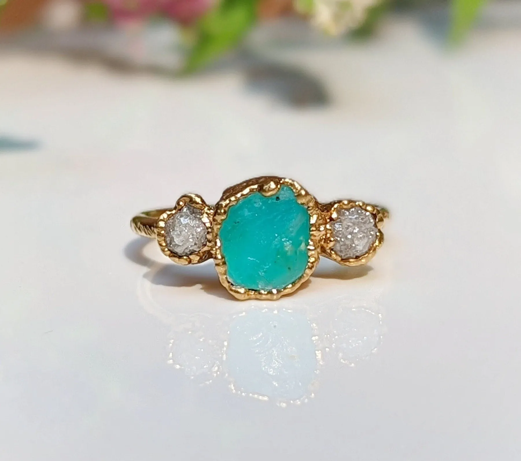 Raw Peruvian Opal and diamond ring in Solid 14k Gold