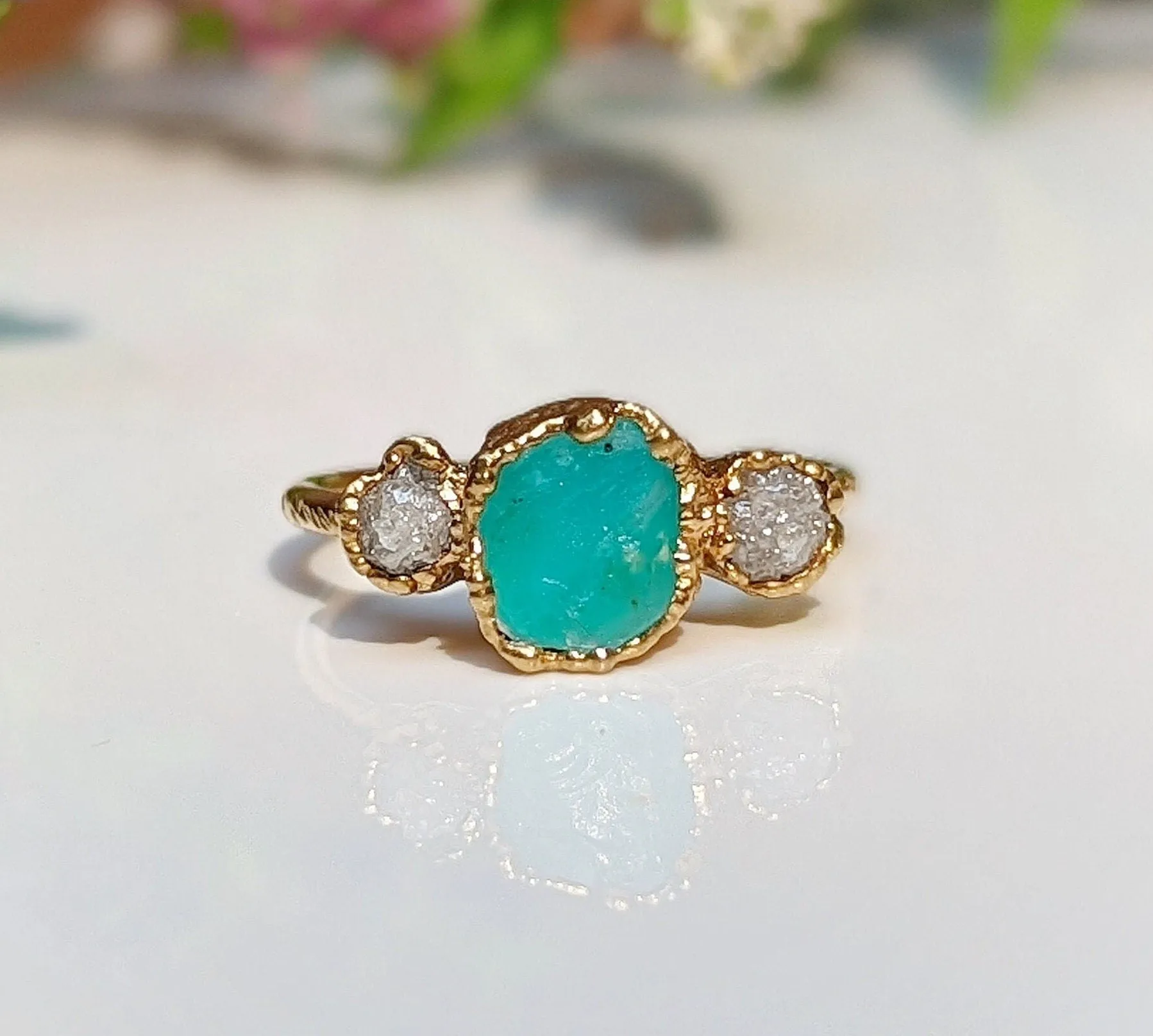 Raw Peruvian Opal and diamond ring in Solid 14k Gold