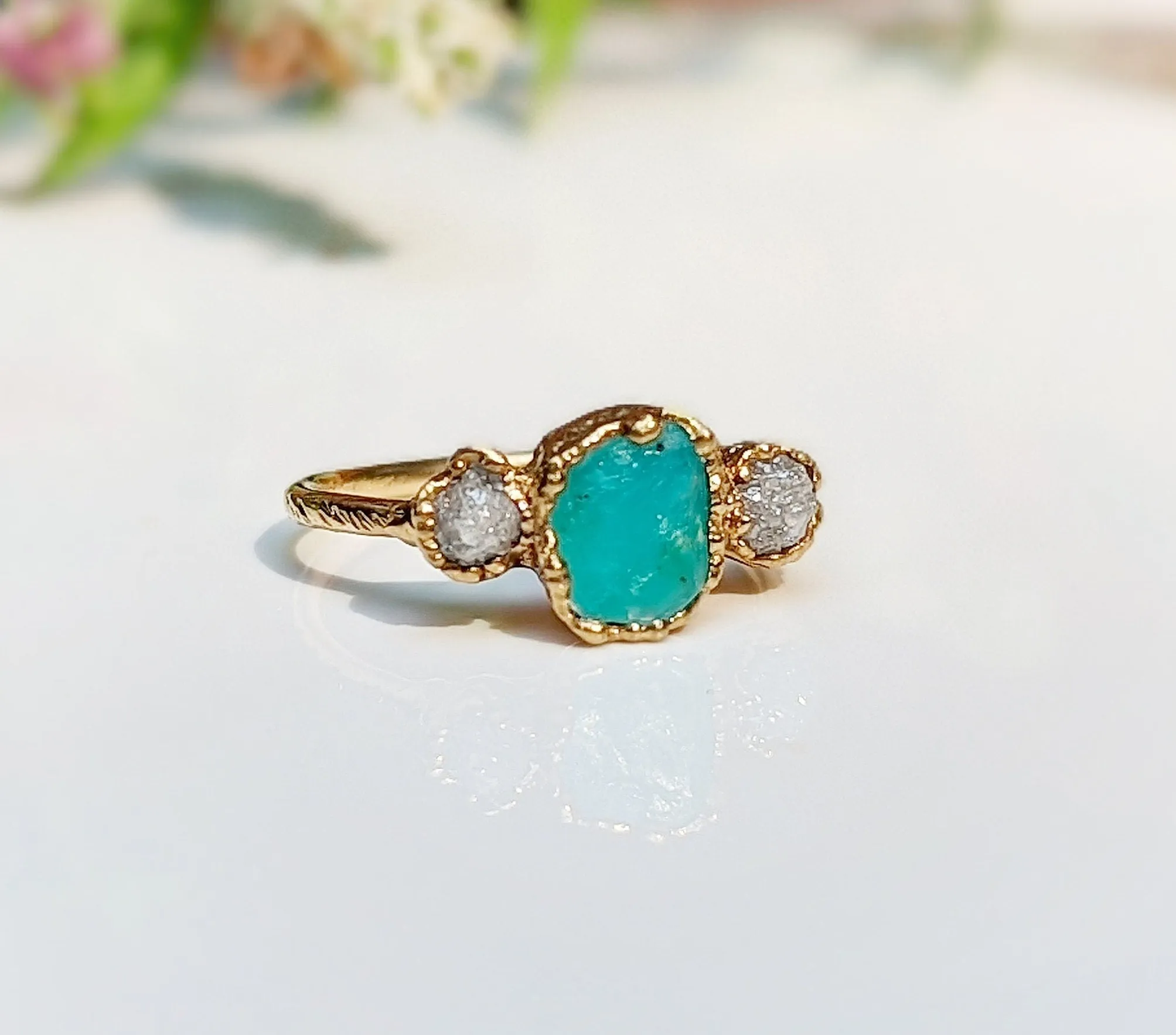 Raw Peruvian Opal and diamond ring in Solid 14k Gold