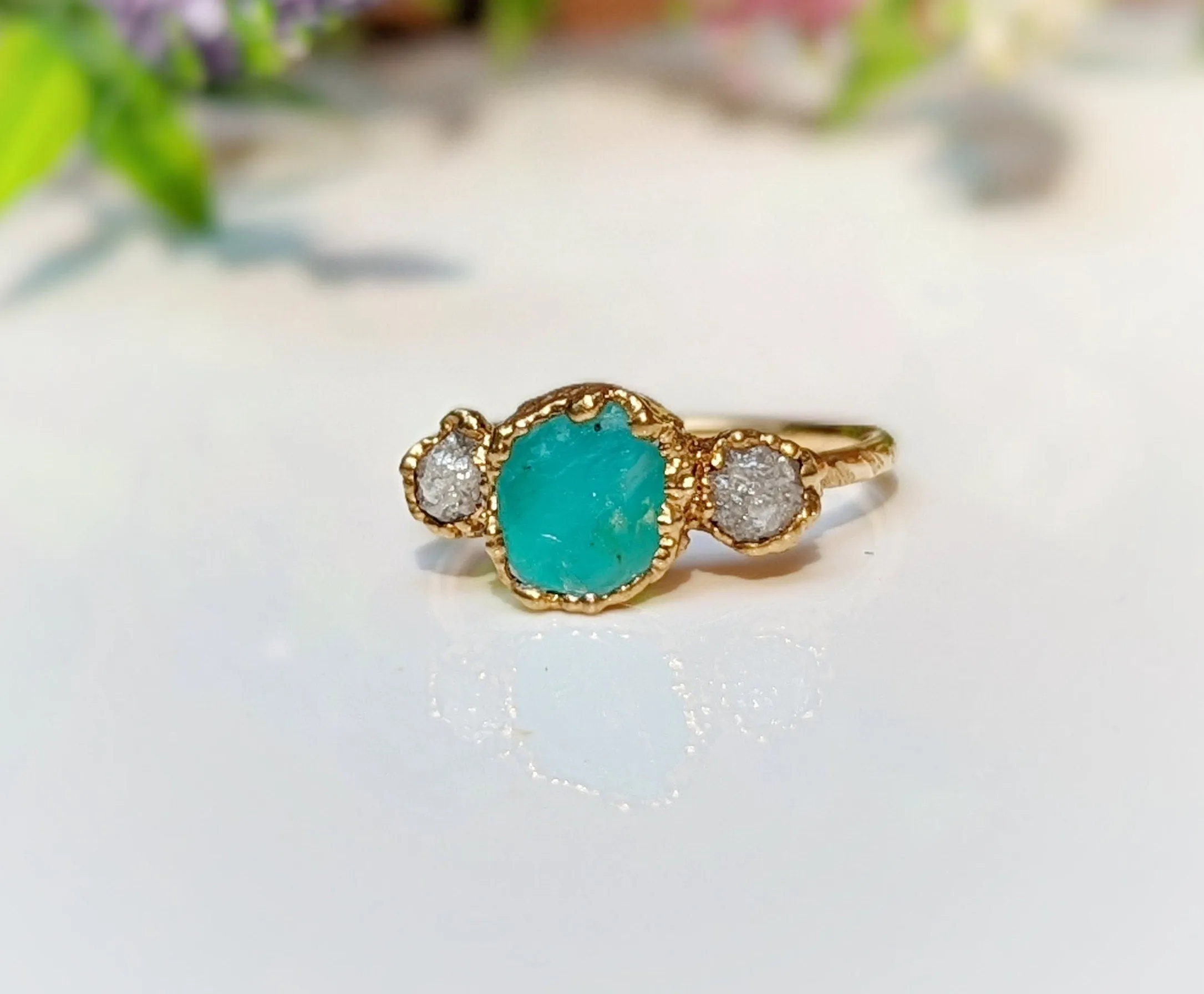Raw Peruvian Opal and diamond ring in Solid 14k Gold
