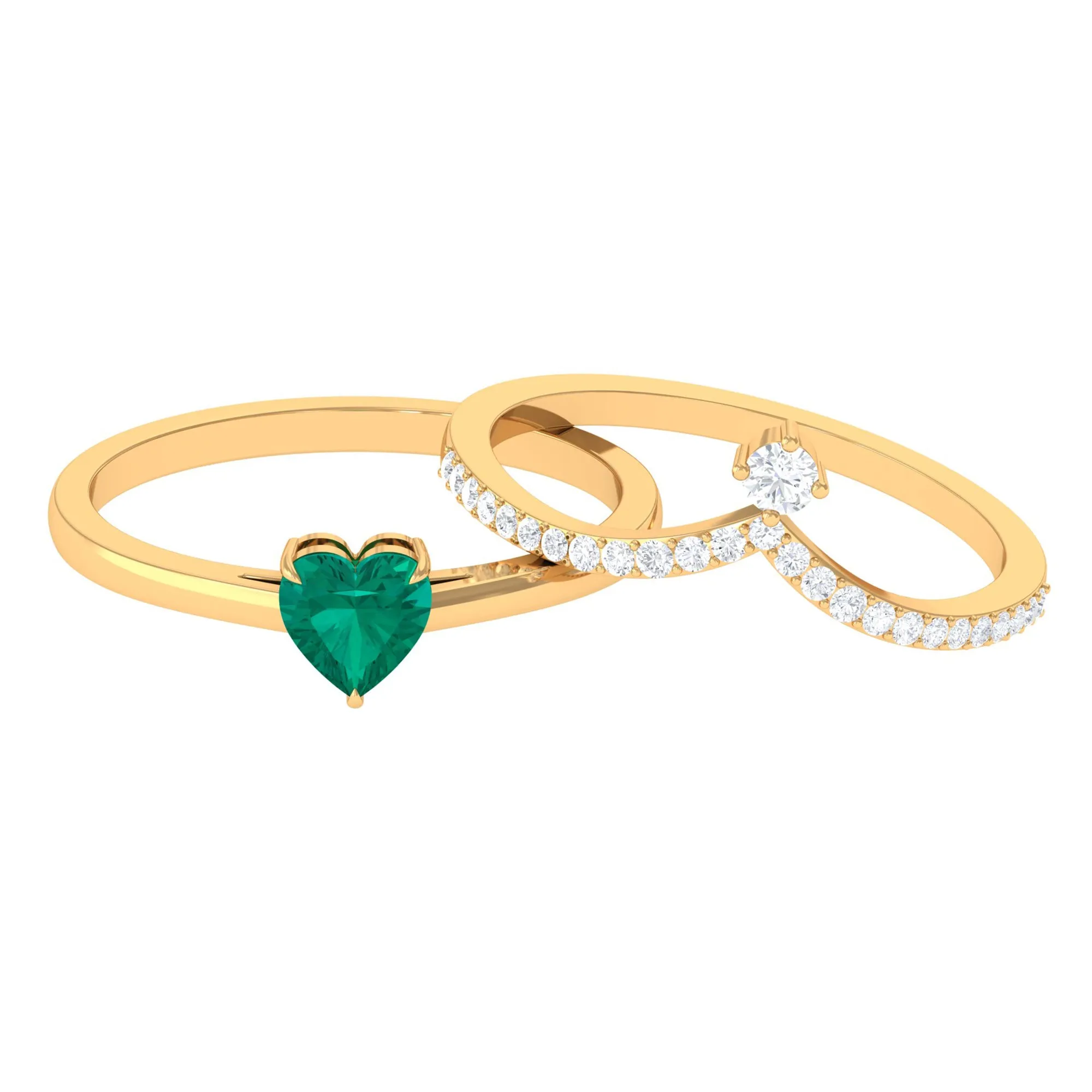 Real Emerald Heart Ring Set with Diamond