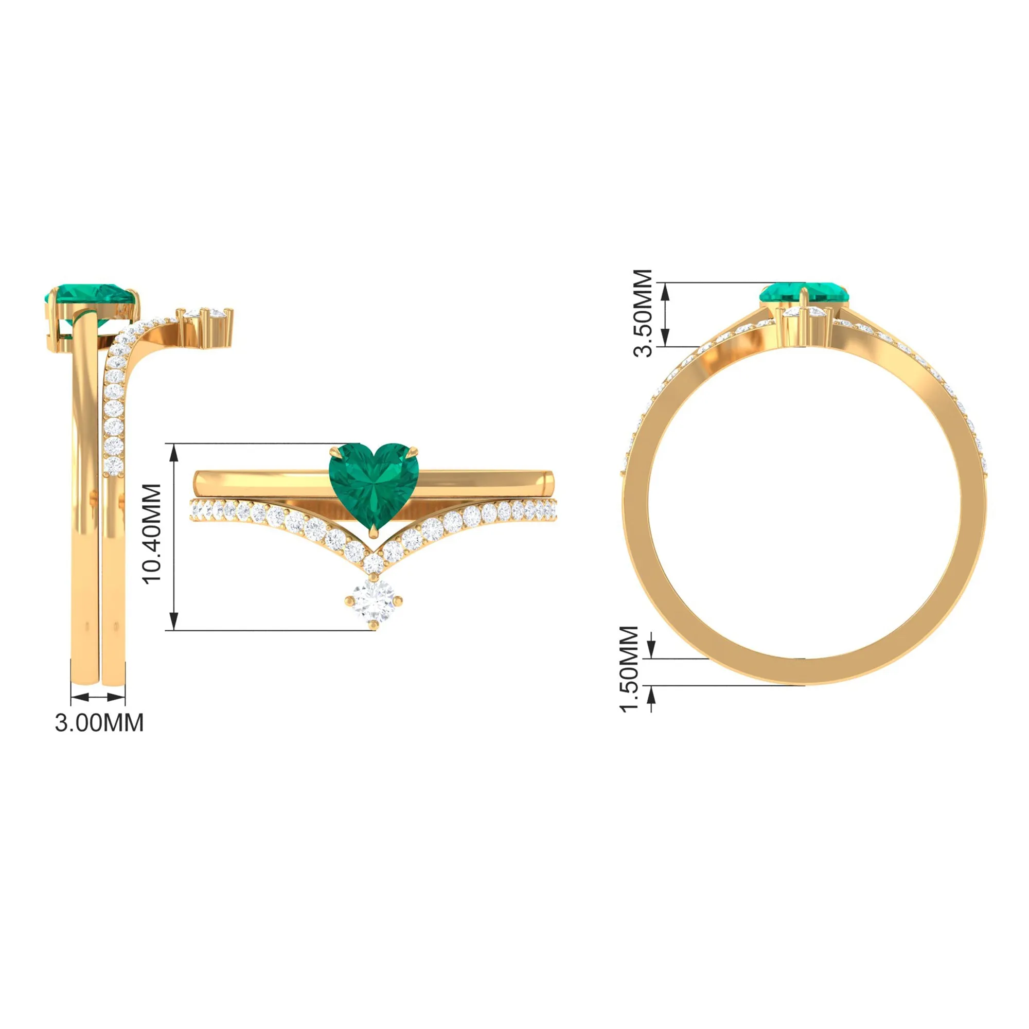 Real Emerald Heart Ring Set with Diamond