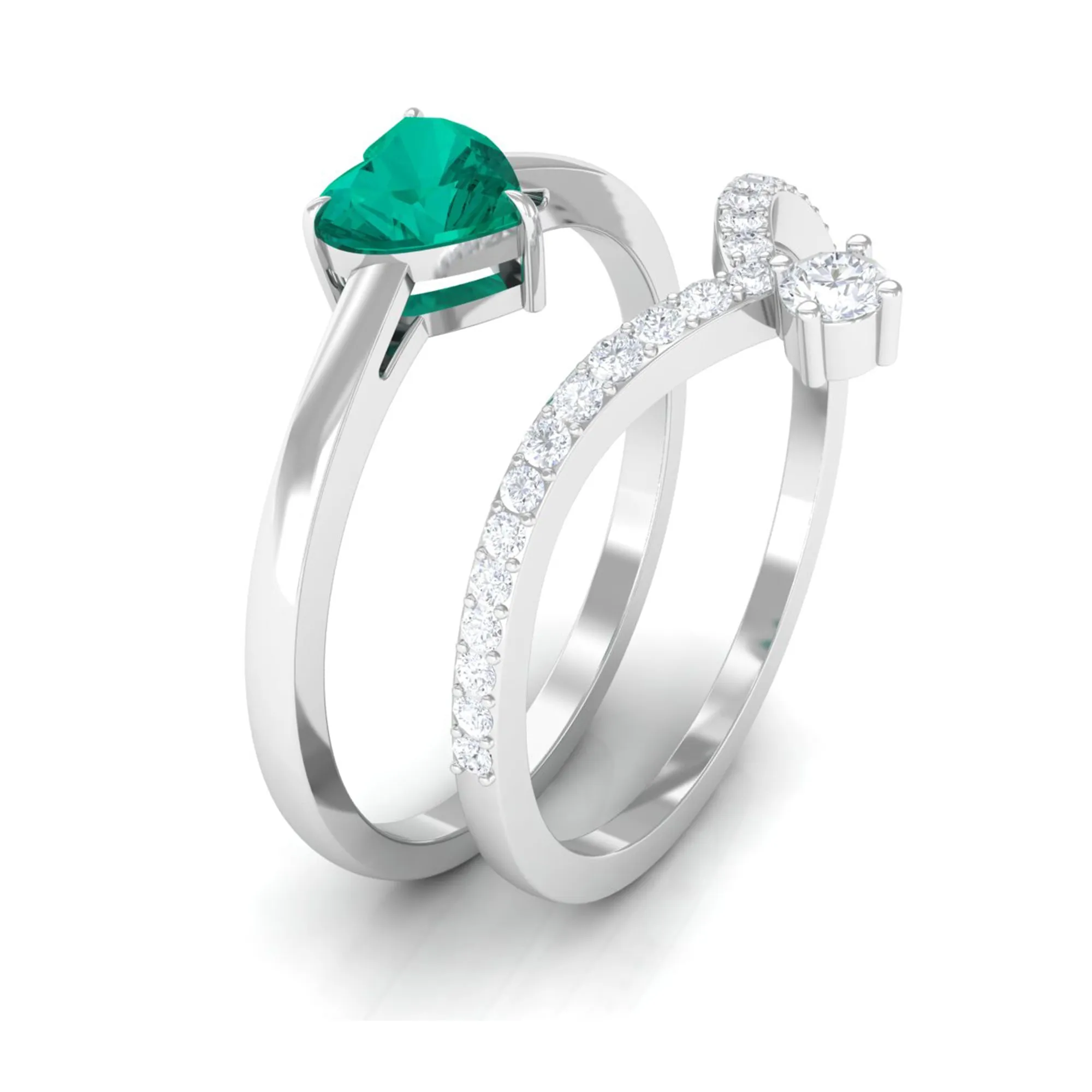Real Emerald Heart Ring Set with Diamond