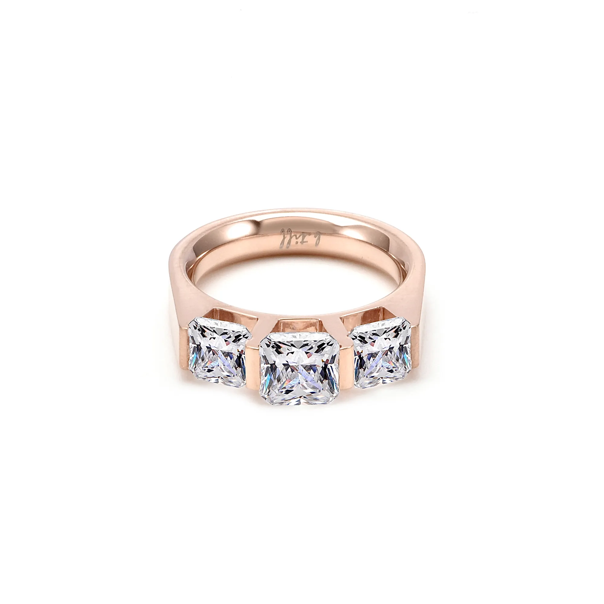 RG203RG B.Tiff 3-Stone Cushion Cut Rose Gold Plated Stainless Steel Engagement Ring