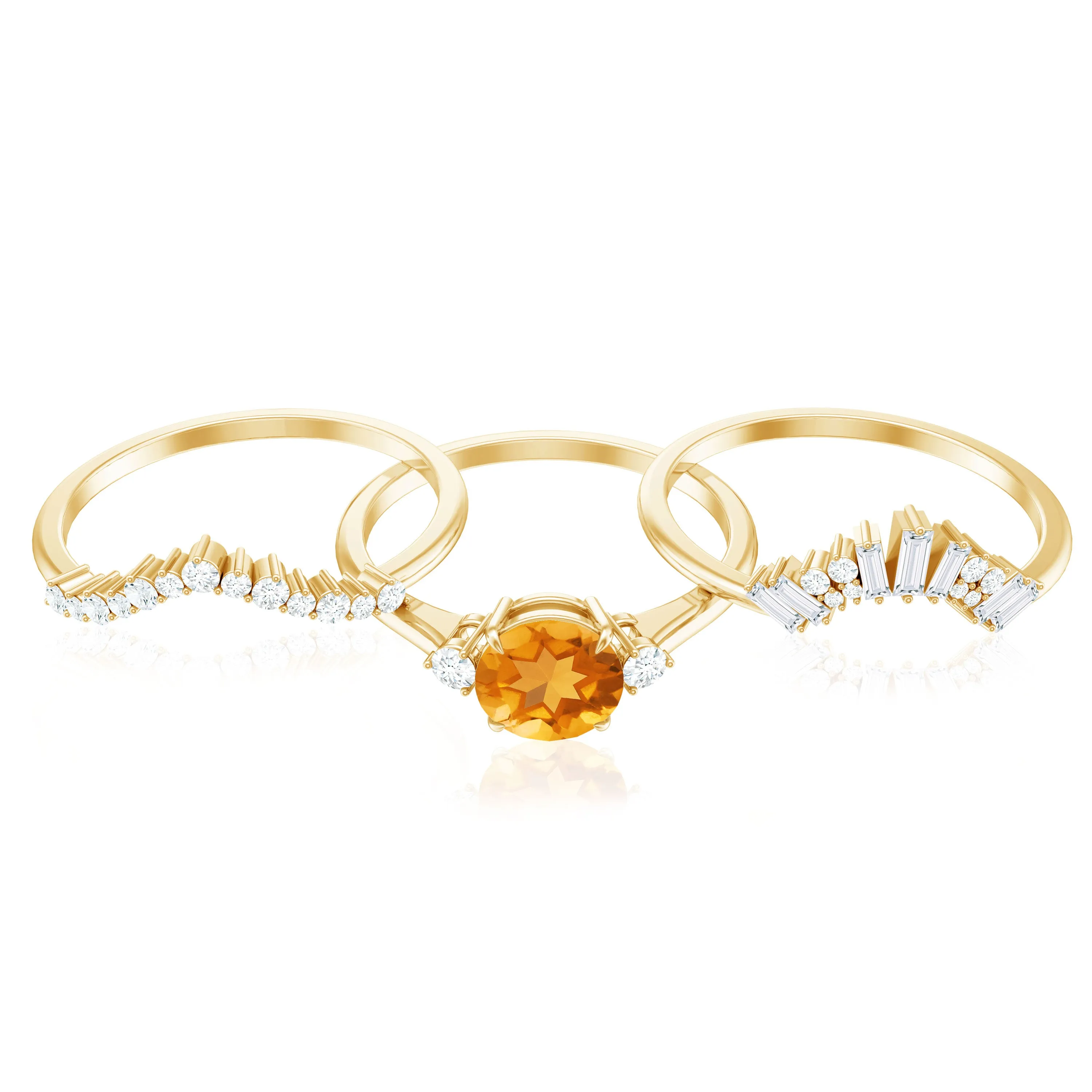 Round Citrine Designer Trio Wedding Ring Set with Moissanite