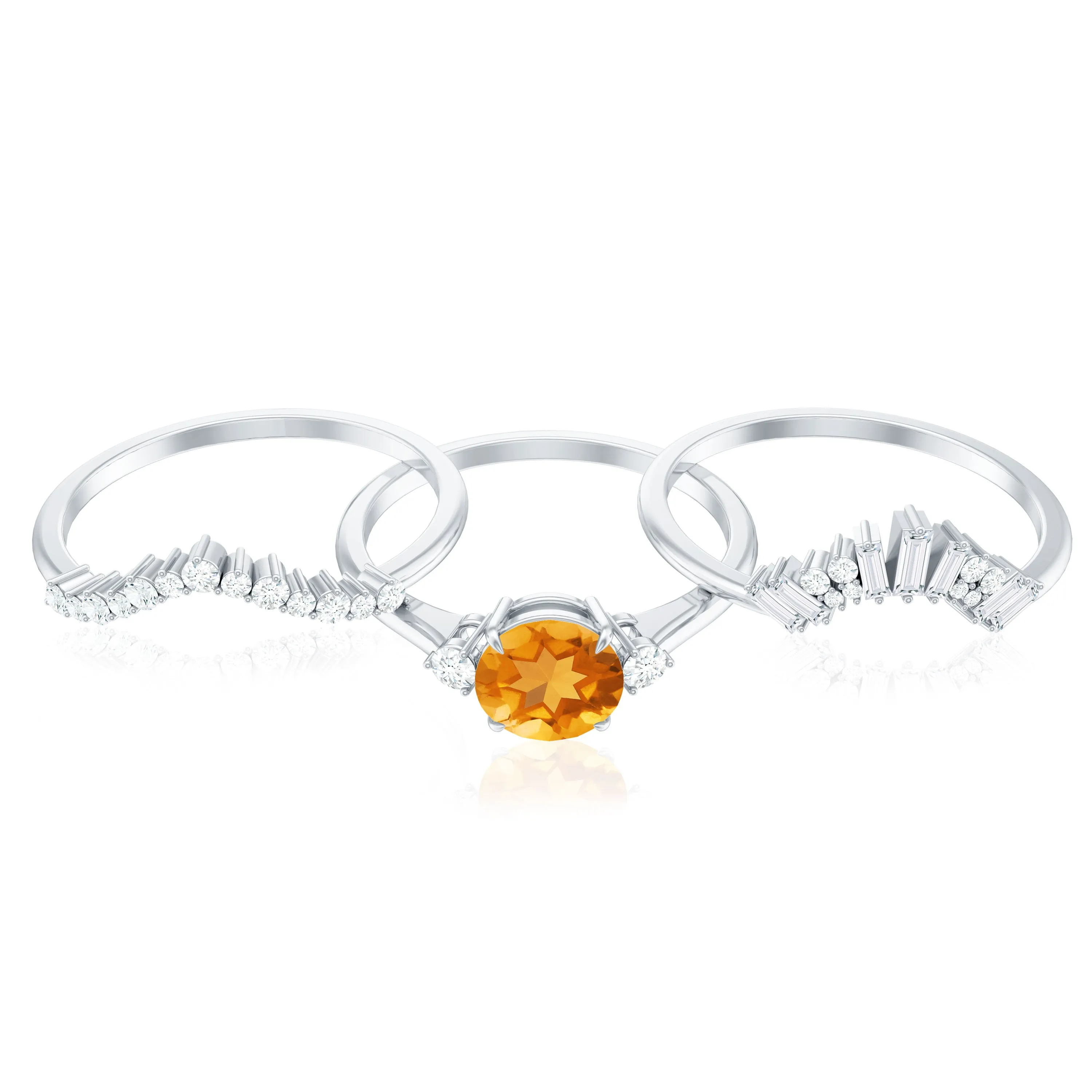 Round Citrine Designer Trio Wedding Ring Set with Moissanite
