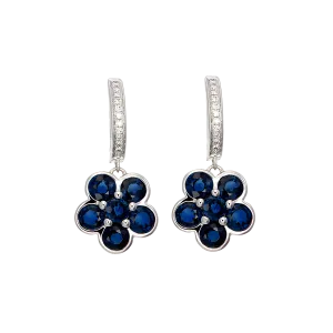 Sapphire and Diamond Floral Cluster Drop Earrings in 18k White Gold