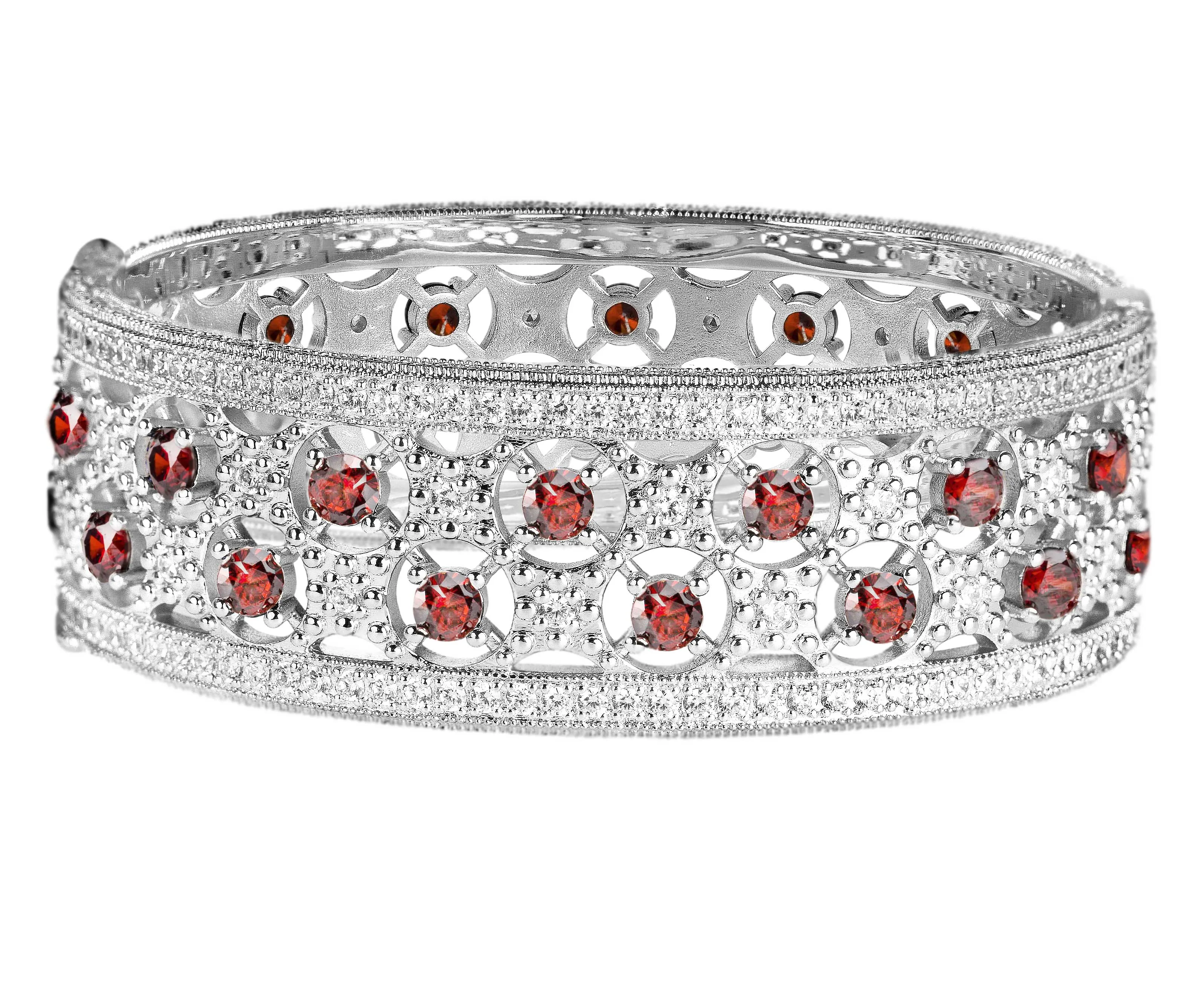 Silver Garnet-Hued Florentine Cuff with Perimeter Stones