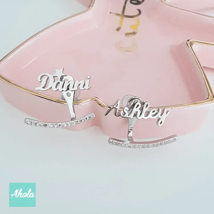 SP039 Platinum Plated Sterling Silver 925 name with Semi-arc zircon Earrings 純銀名字耳環配半弧形鑲鋯石後掛耳環