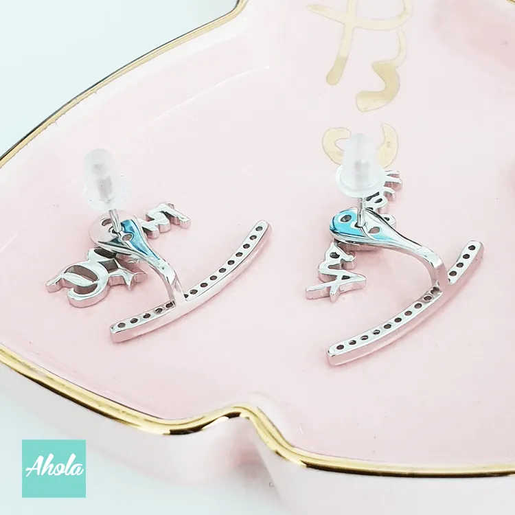 SP039 Platinum Plated Sterling Silver 925 name with Semi-arc zircon Earrings 純銀名字耳環配半弧形鑲鋯石後掛耳環