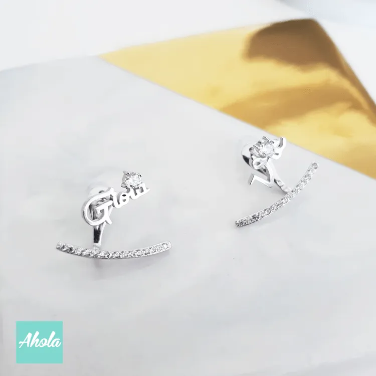 SP039 Platinum Plated Sterling Silver 925 name with Semi-arc zircon Earrings 純銀名字耳環配半弧形鑲鋯石後掛耳環