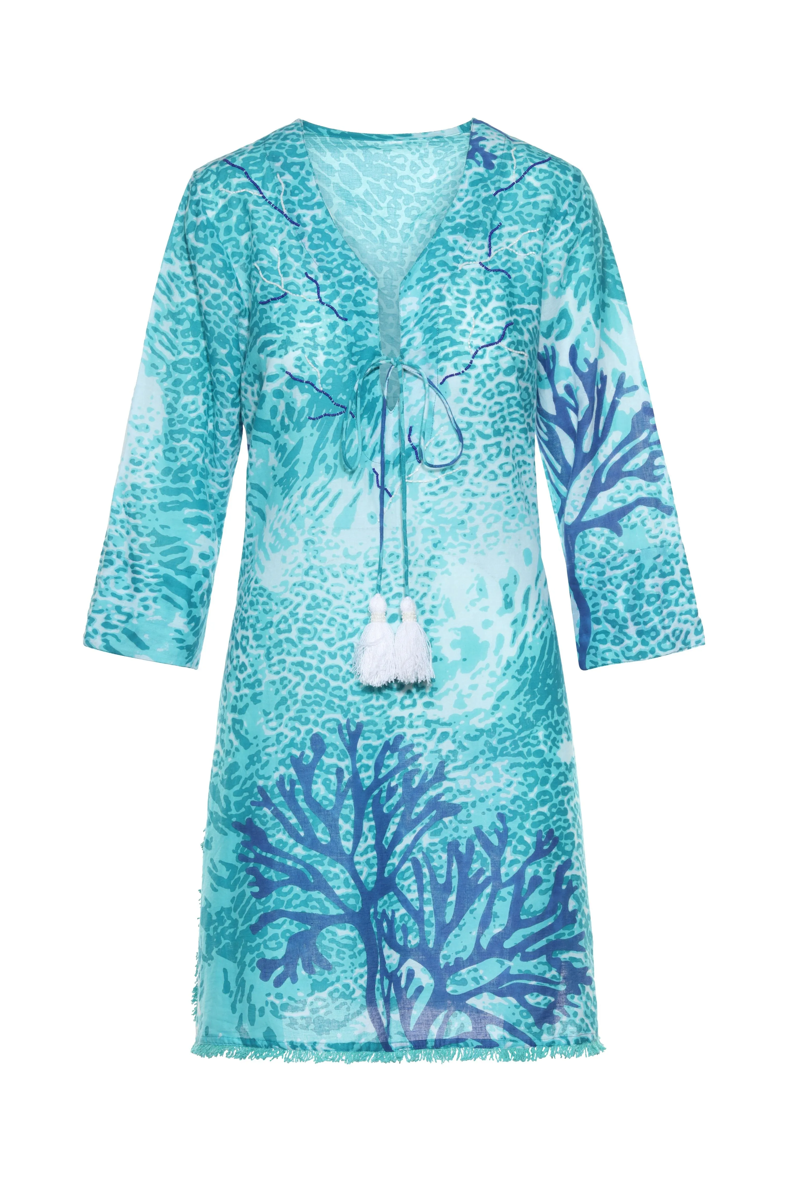 Teal Coral Fringe KikiSol Dress w/ Tassels & Beading