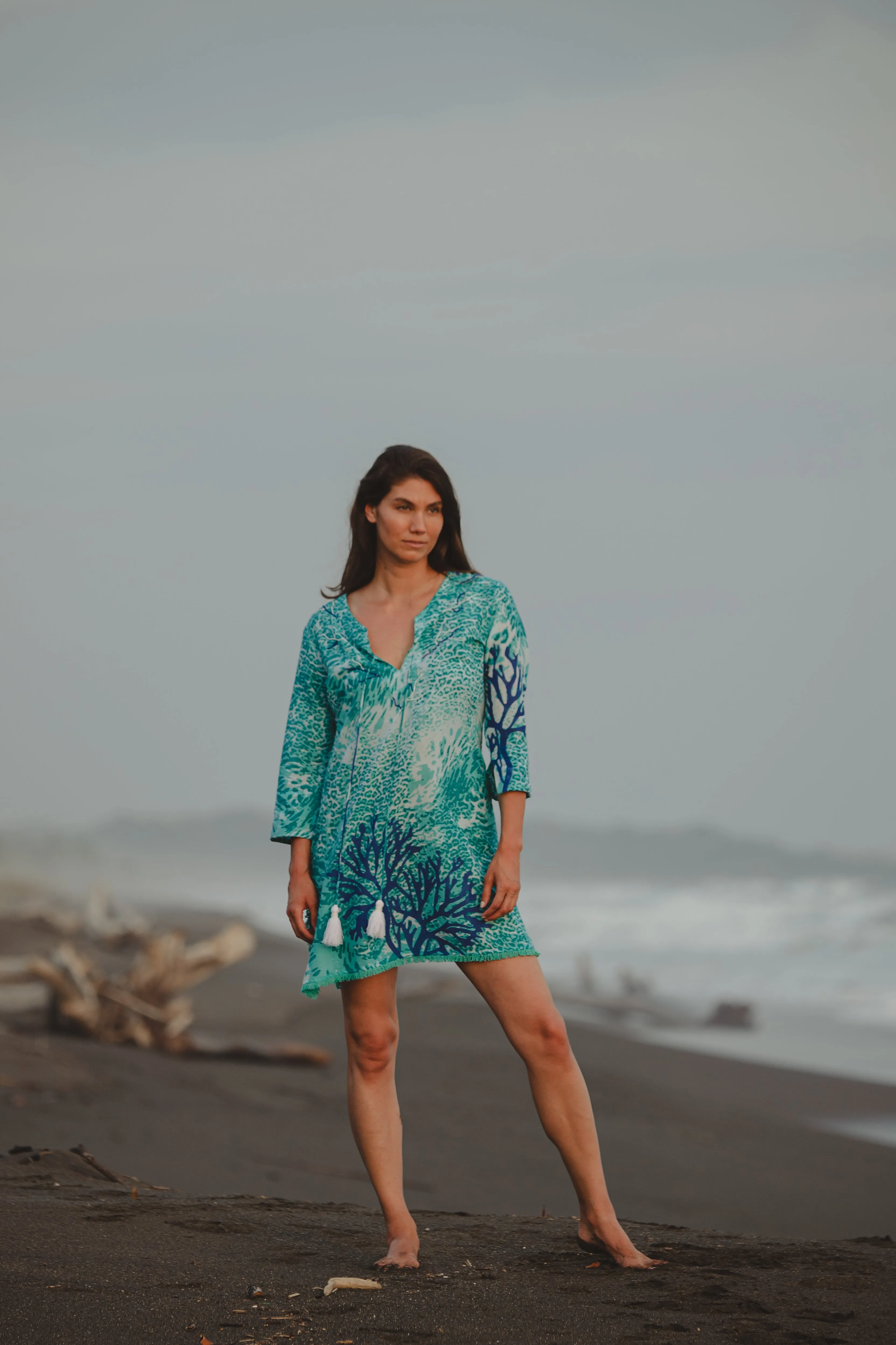 Teal Coral Fringe KikiSol Dress w/ Tassels & Beading