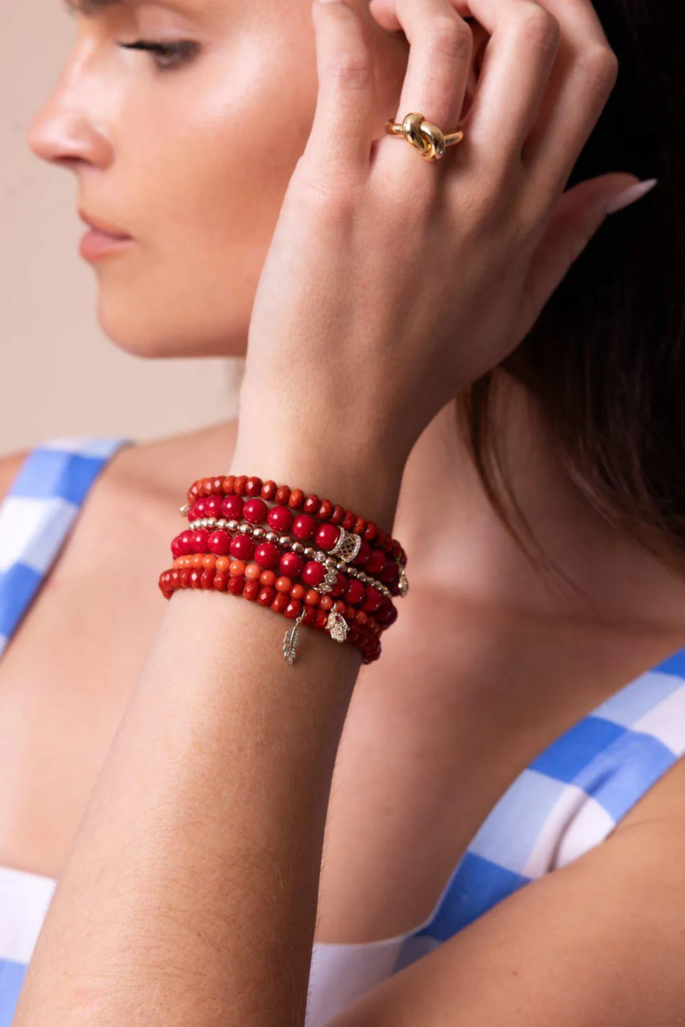 Tiny Feather Bamboo Coral Charm Bracelet
