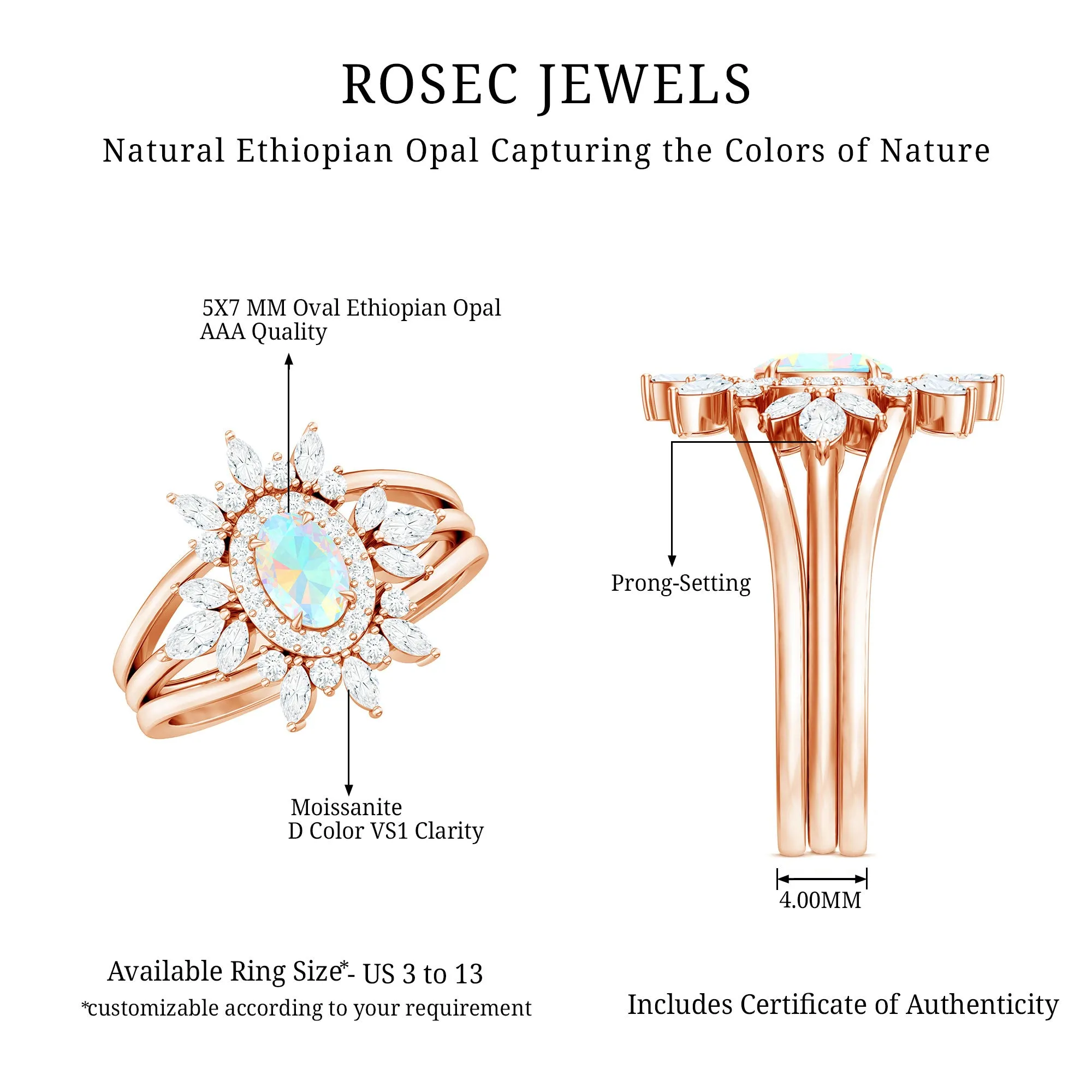 Trio Wedding Ring Set with Oval Ethiopian Opal and Moissanite