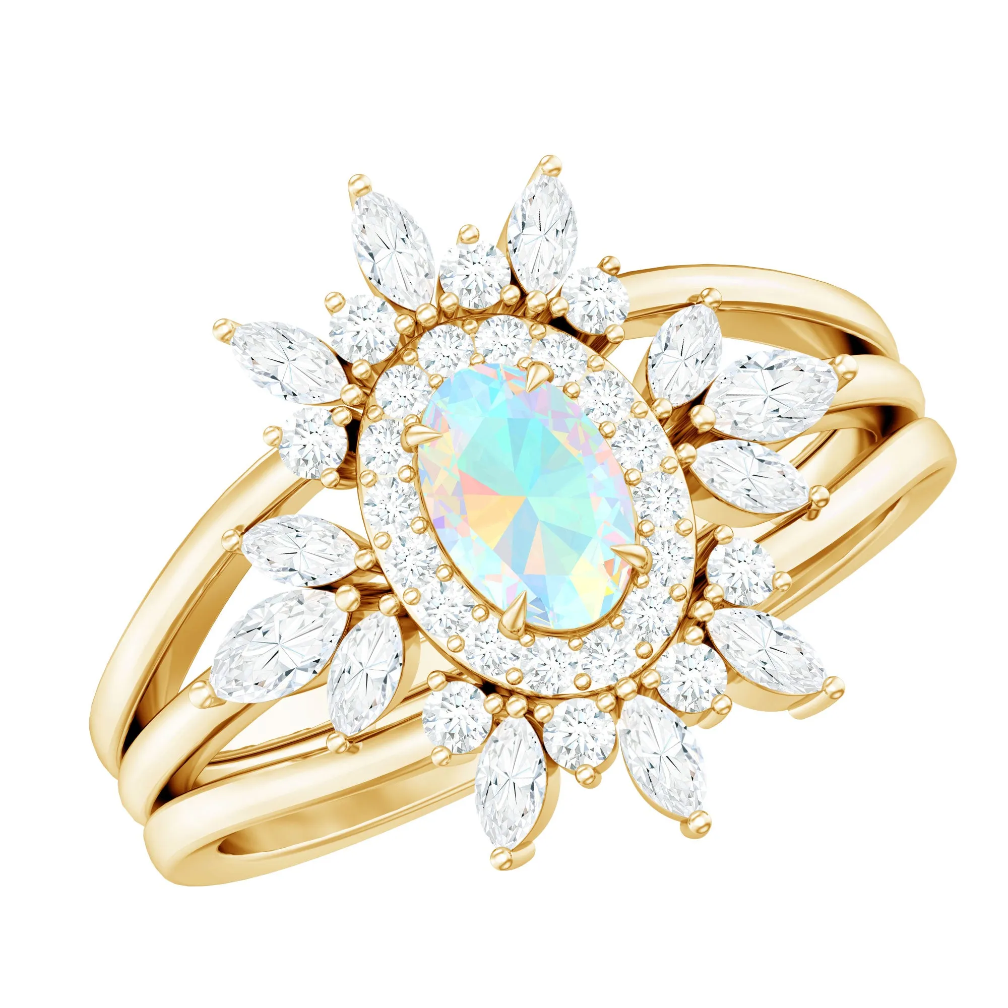 Trio Wedding Ring Set with Oval Ethiopian Opal and Moissanite