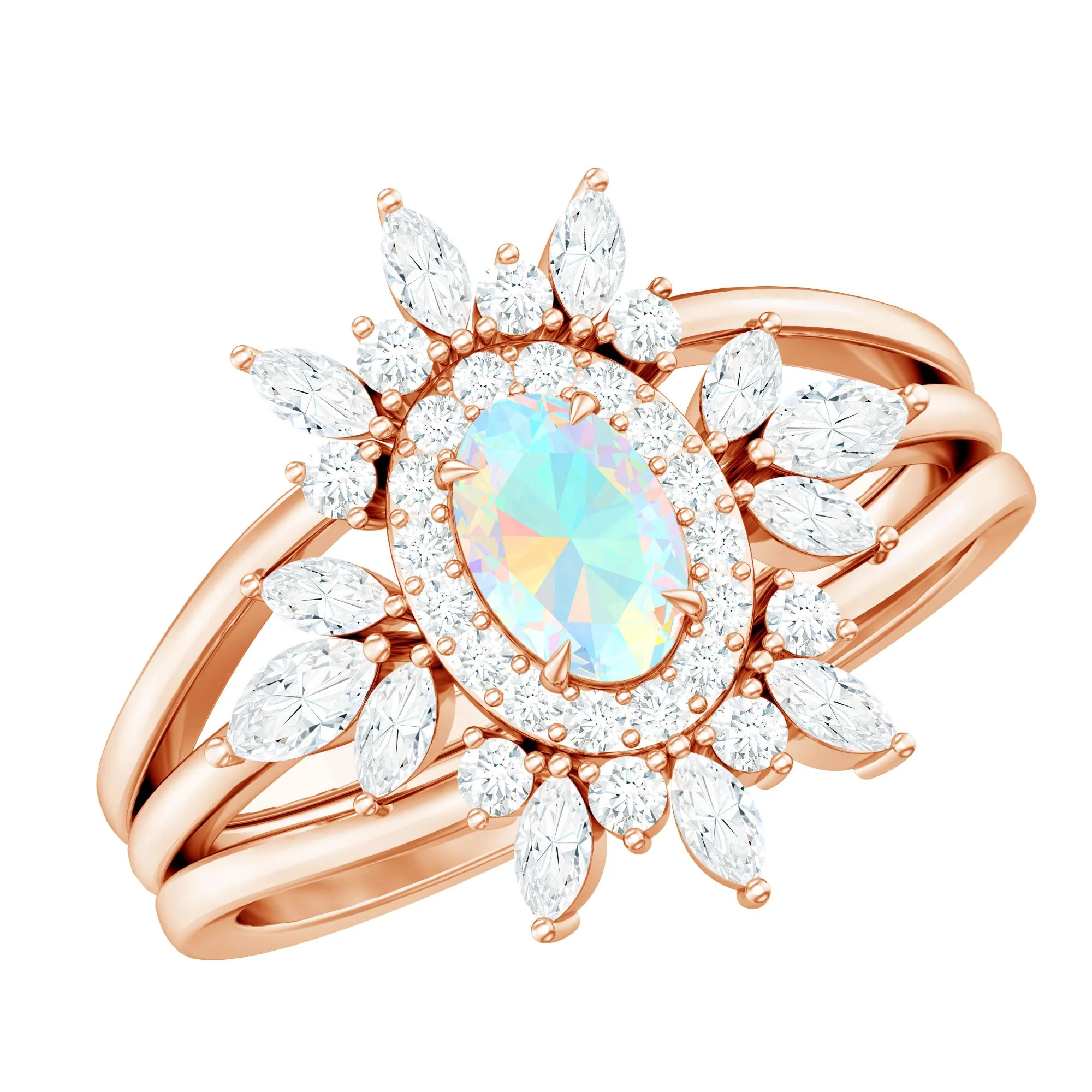 Trio Wedding Ring Set with Oval Ethiopian Opal and Moissanite