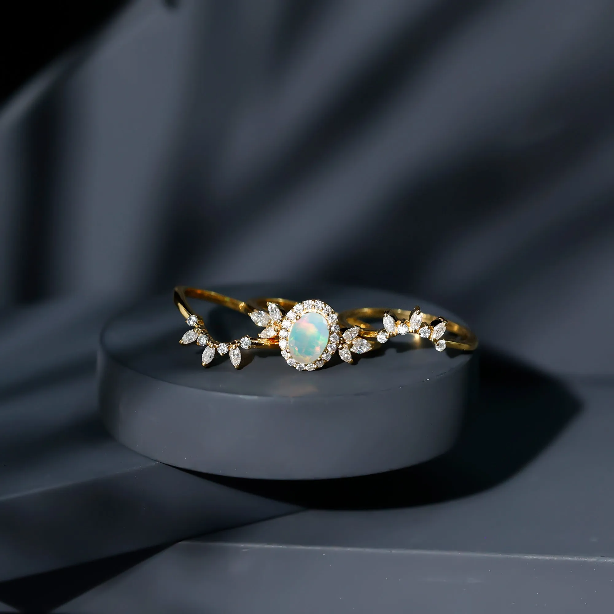 Trio Wedding Ring Set with Oval Ethiopian Opal and Moissanite