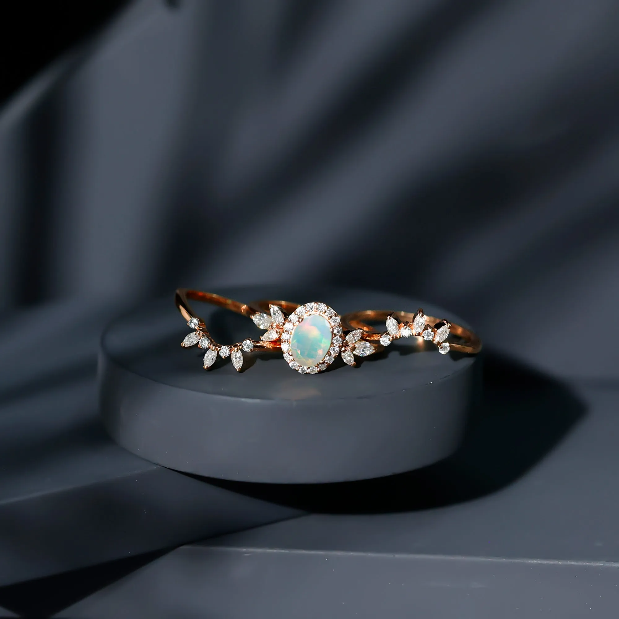 Trio Wedding Ring Set with Oval Ethiopian Opal and Moissanite