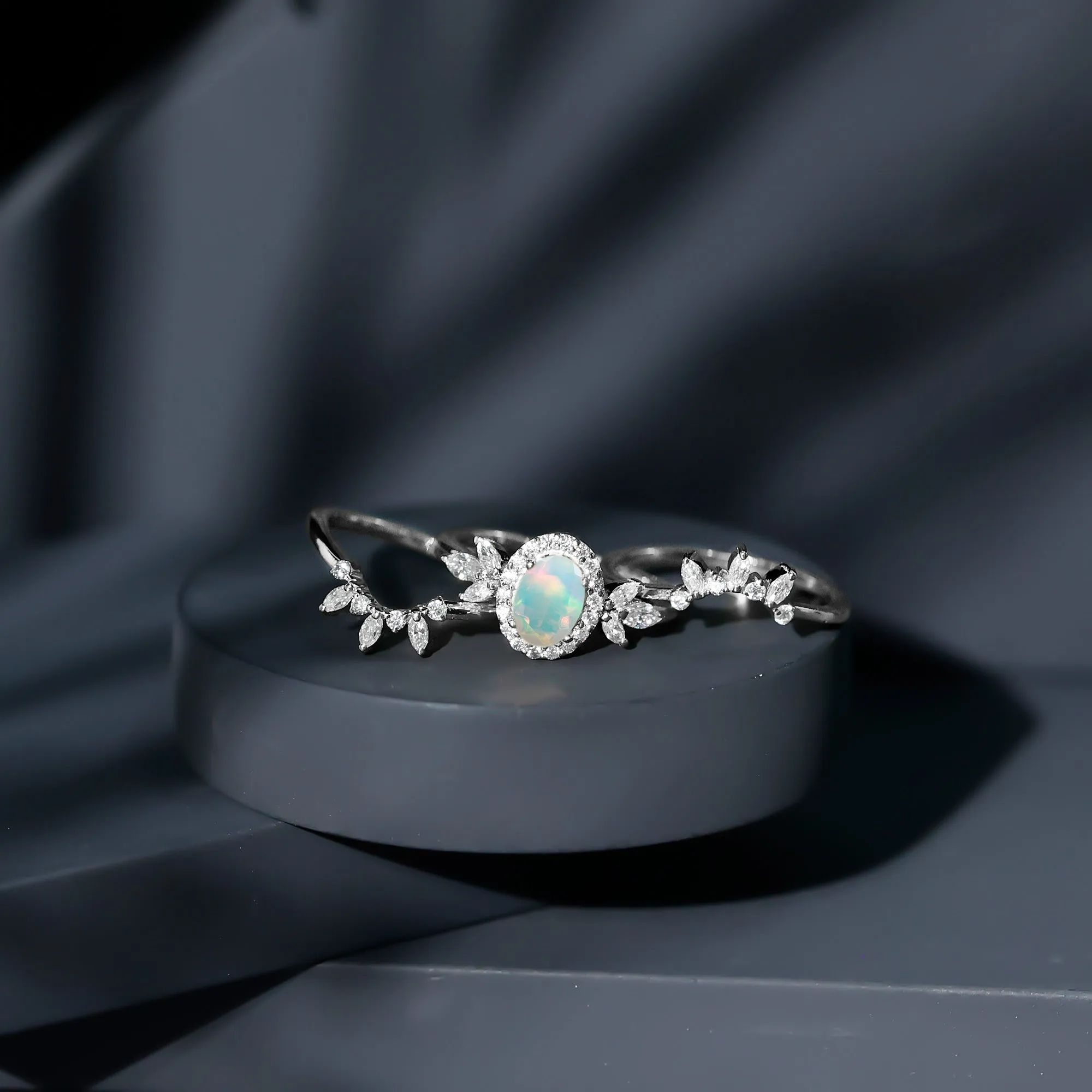 Trio Wedding Ring Set with Oval Ethiopian Opal and Moissanite