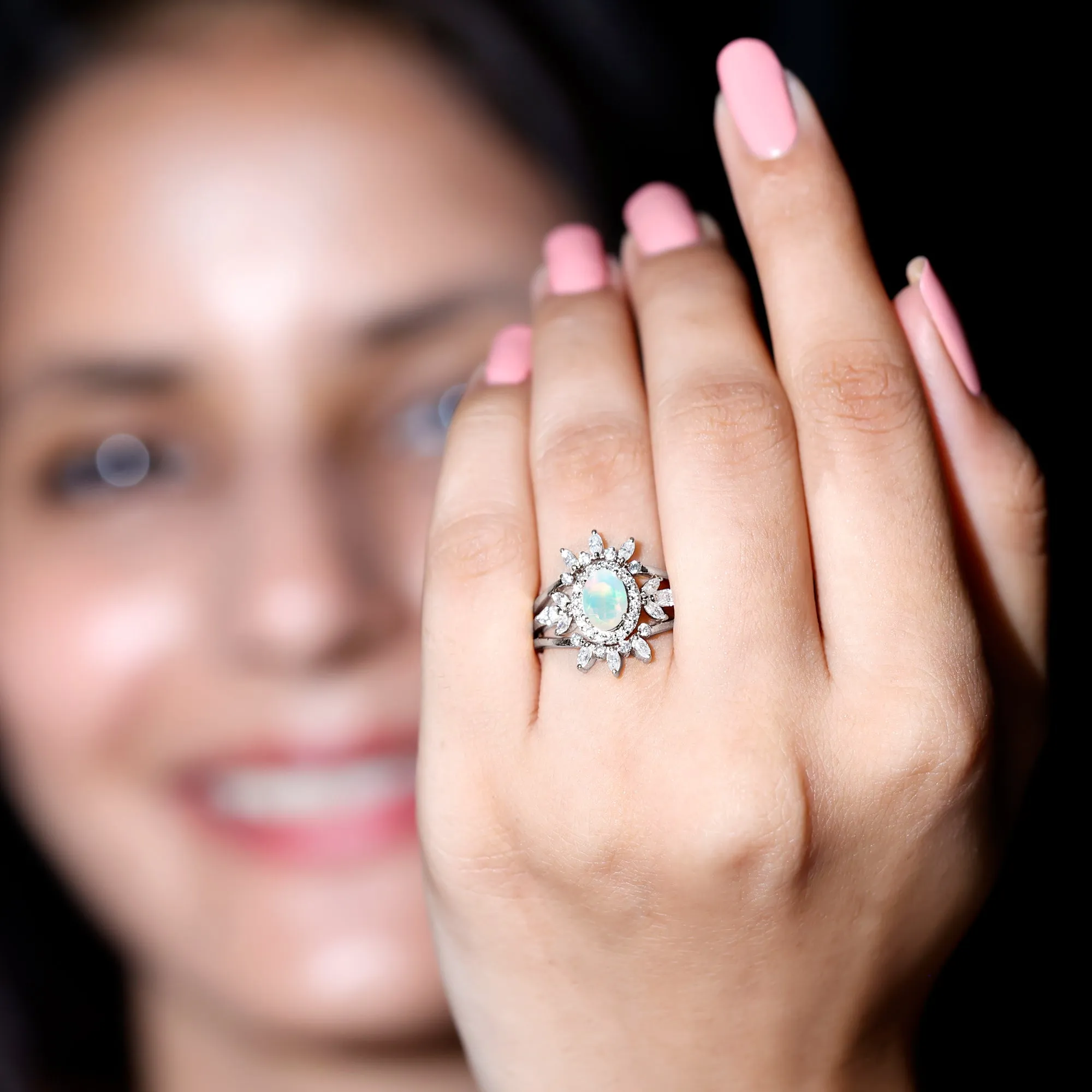 Trio Wedding Ring Set with Oval Ethiopian Opal and Moissanite