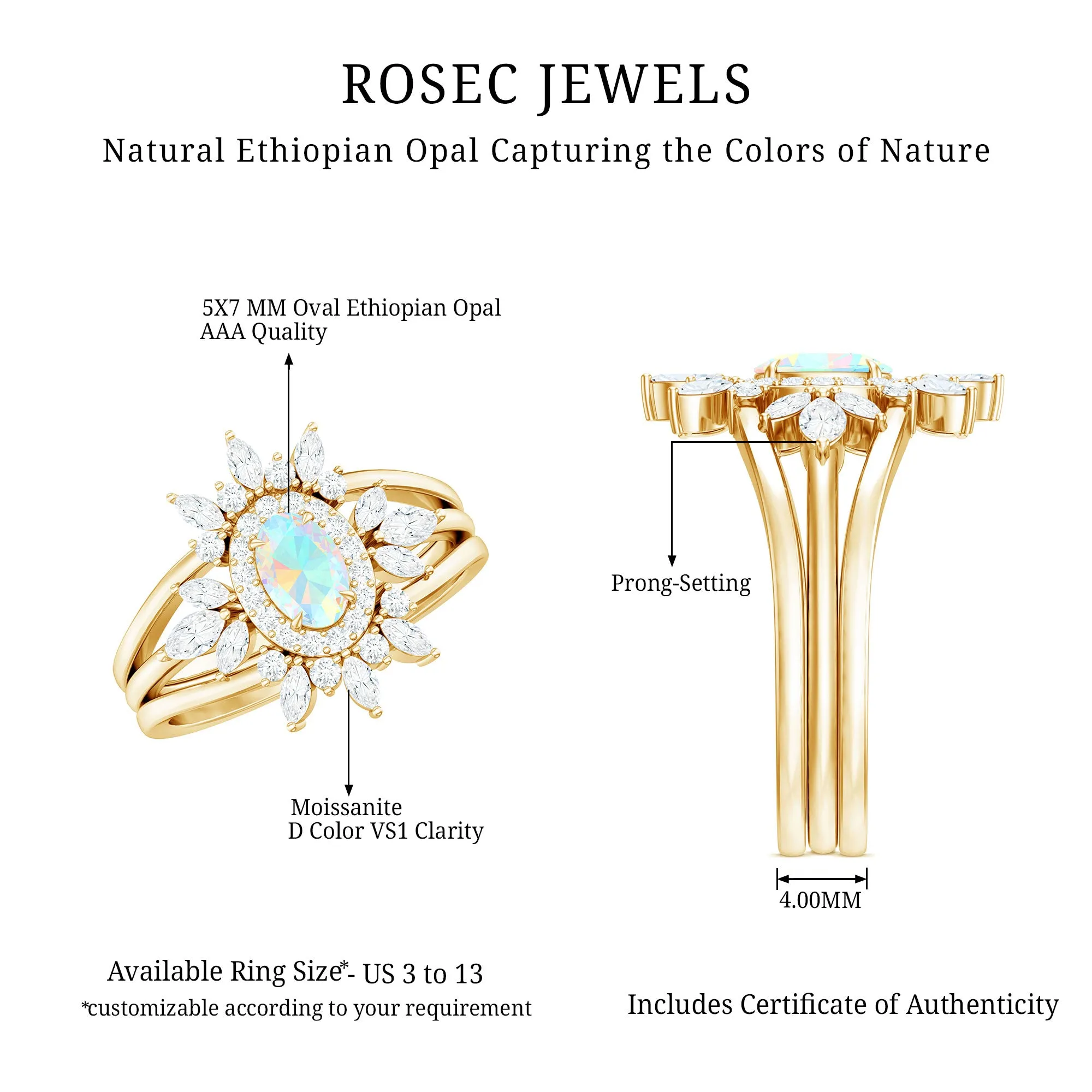 Trio Wedding Ring Set with Oval Ethiopian Opal and Moissanite