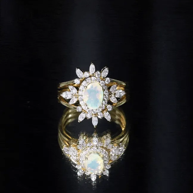 Trio Wedding Ring Set with Oval Ethiopian Opal and Moissanite