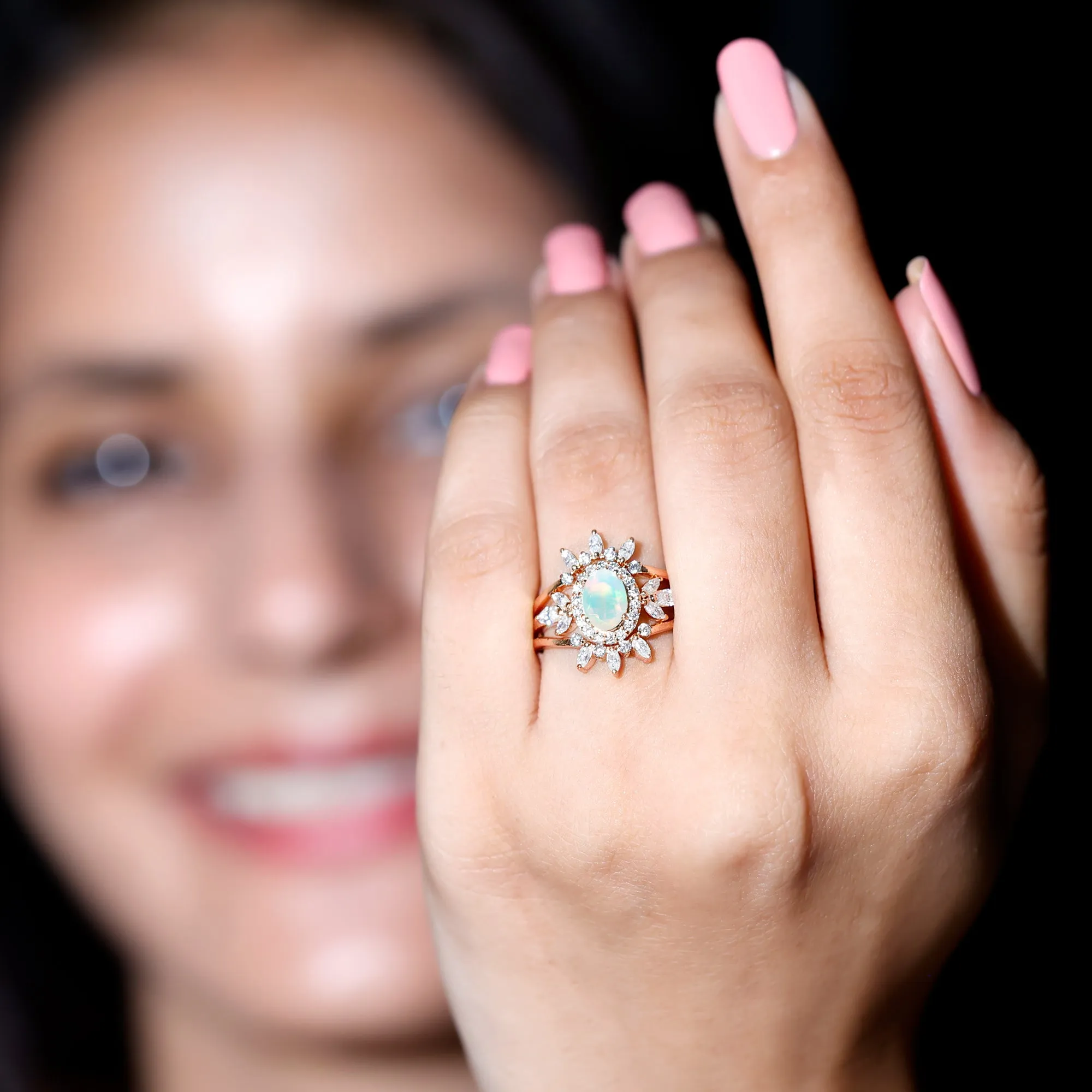 Trio Wedding Ring Set with Oval Ethiopian Opal and Moissanite