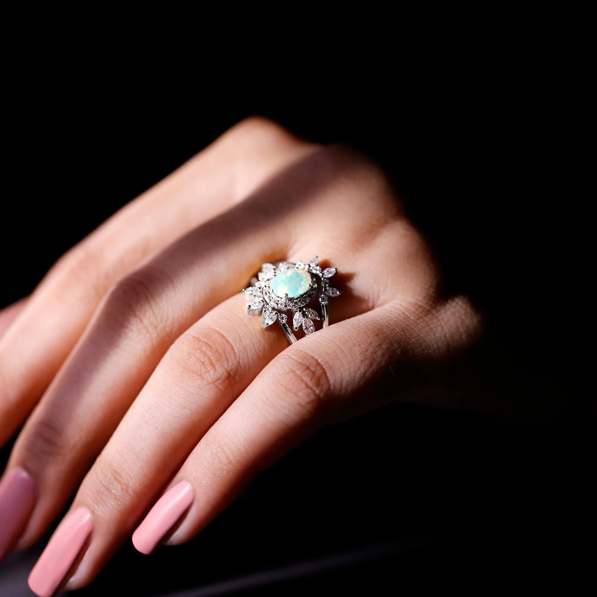 Trio Wedding Ring Set with Oval Ethiopian Opal and Moissanite