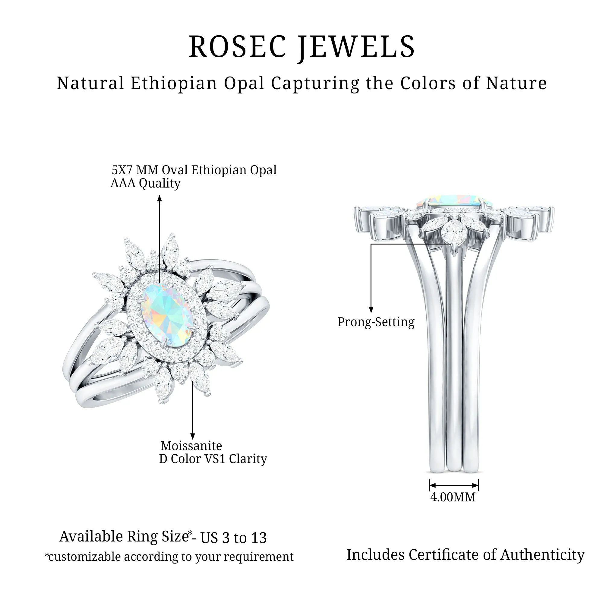 Trio Wedding Ring Set with Oval Ethiopian Opal and Moissanite