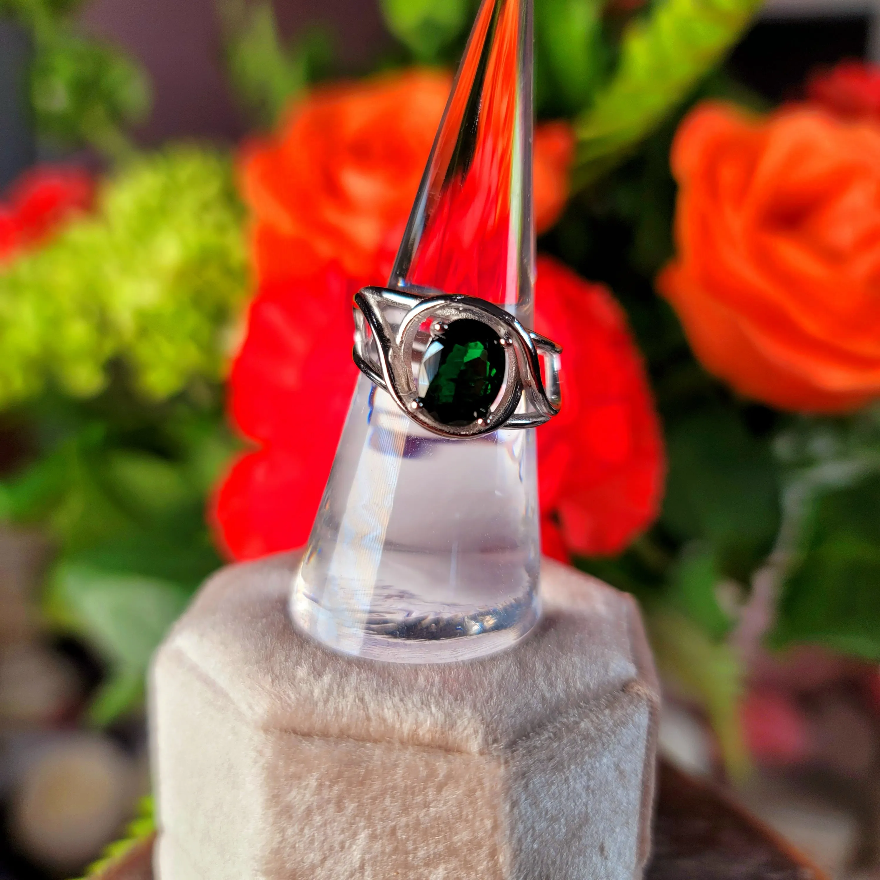 Tsavorite Garnet Finger Cuff Adjustable Ring .925 Silver for Emotional Balance, Joy and Prosperity