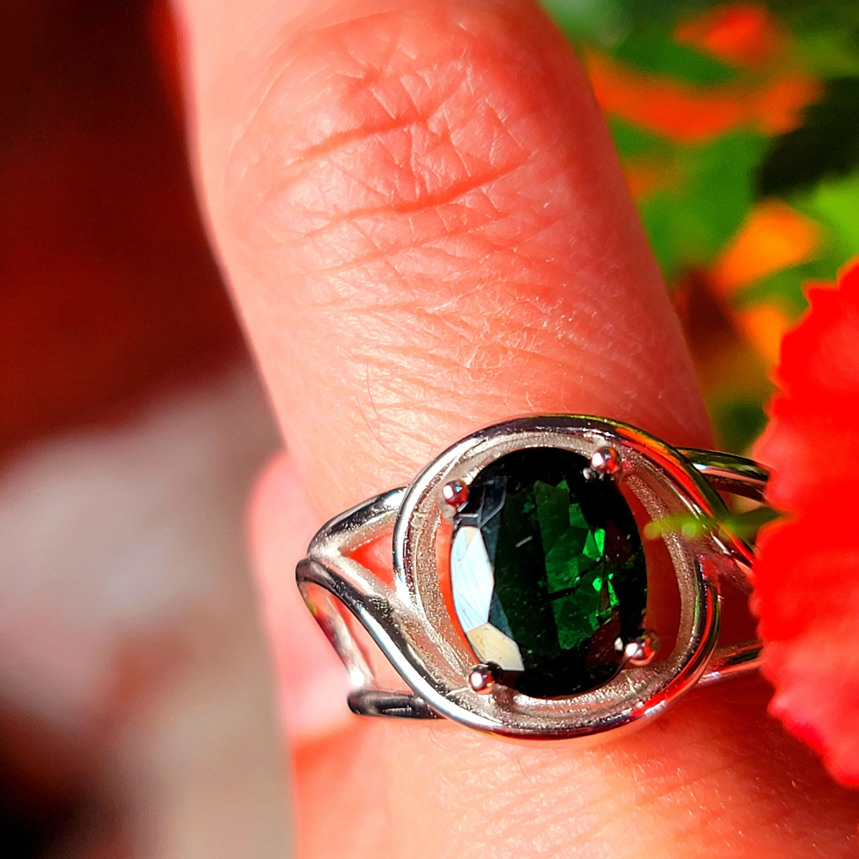 Tsavorite Garnet Finger Cuff Adjustable Ring .925 Silver for Emotional Balance, Joy and Prosperity