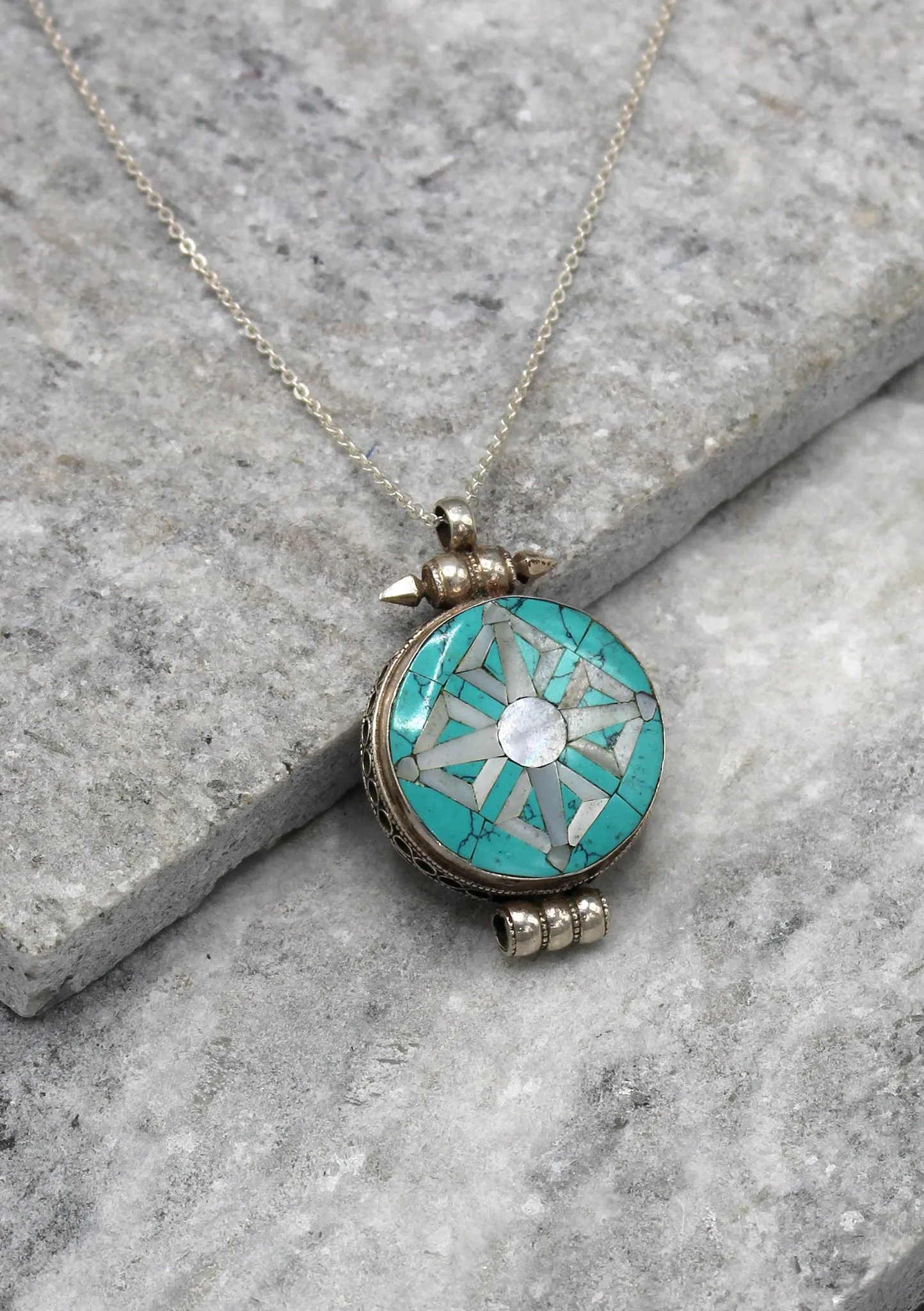 Turquoise Inlaid Double Dorjee Sterling Silver Ghau