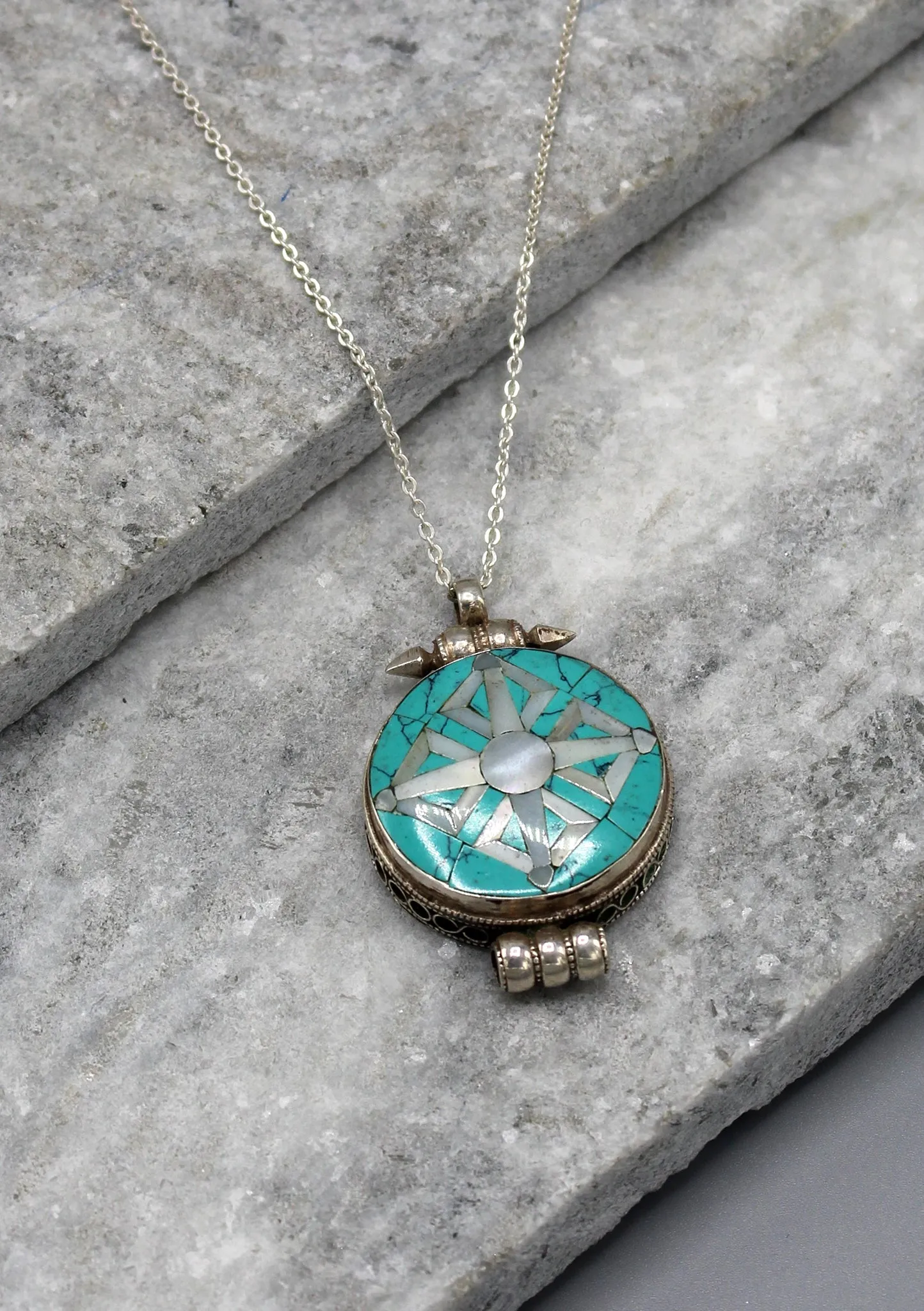 Turquoise Inlaid Double Dorjee Sterling Silver Ghau