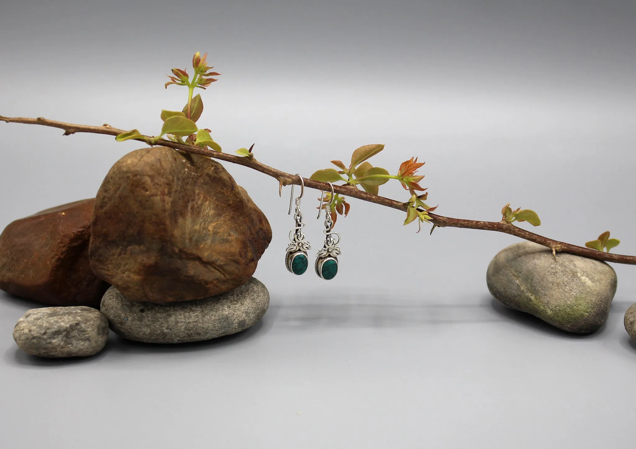 Turquoise Inlaid Leaf Sterling Silver Earrings