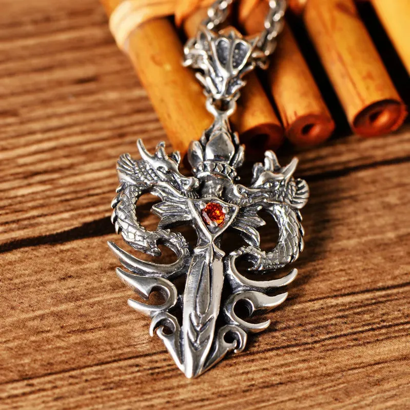 Twin Dragons Garnet Sword Sterling Silver Pendant