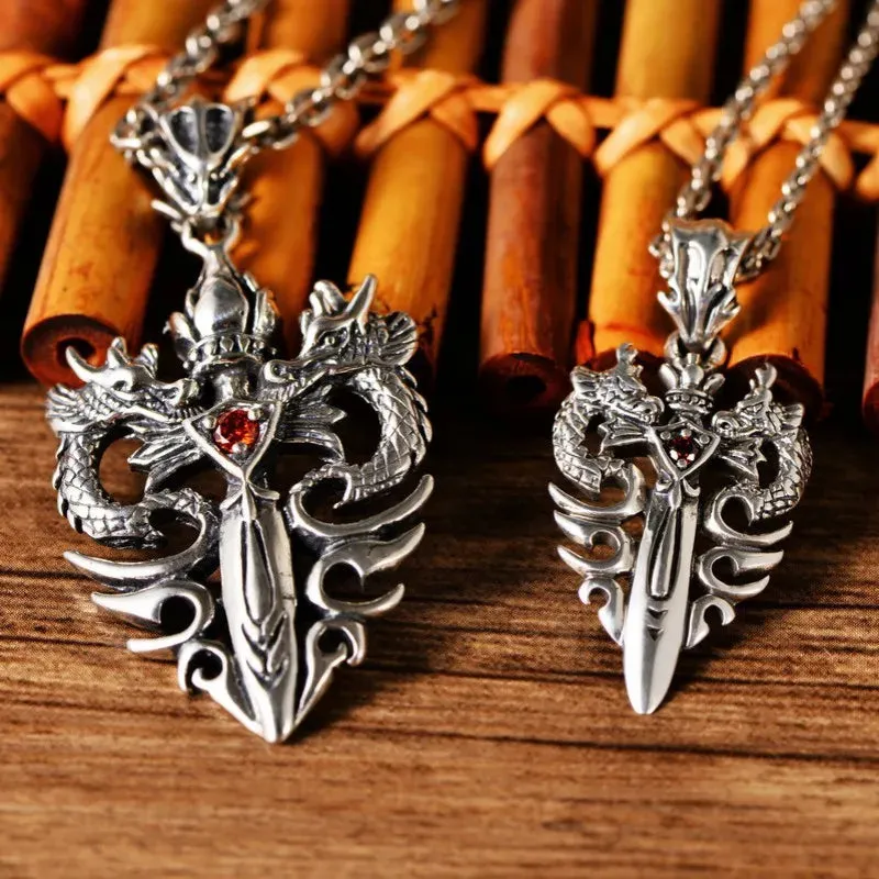 Twin Dragons Garnet Sword Sterling Silver Pendant