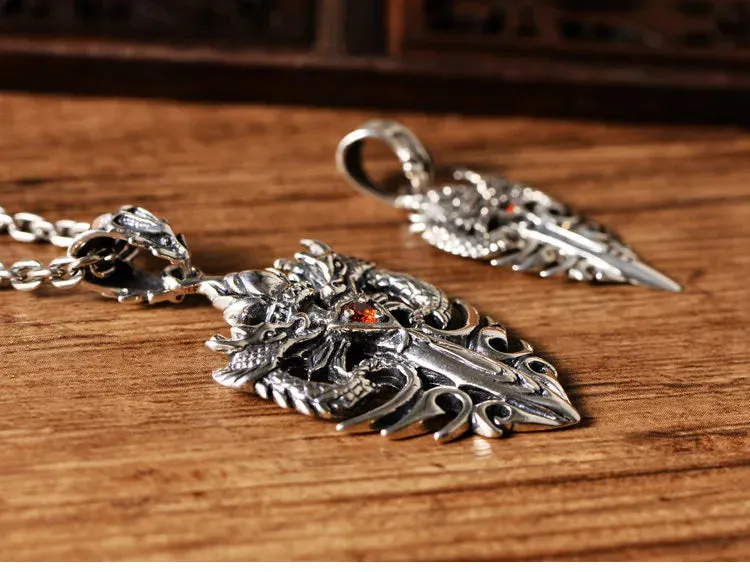 Twin Dragons Garnet Sword Sterling Silver Pendant