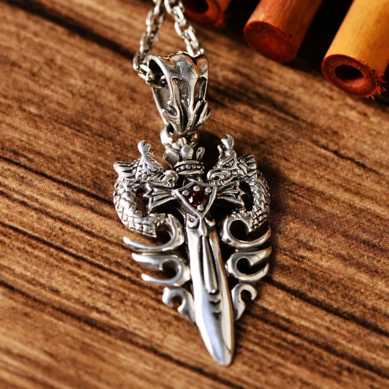 Twin Dragons Garnet Sword Sterling Silver Pendant