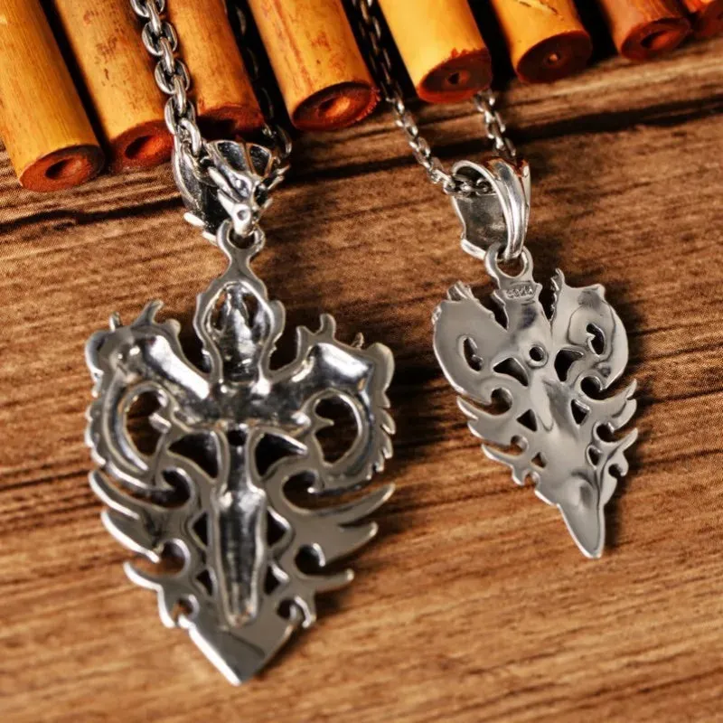 Twin Dragons Garnet Sword Sterling Silver Pendant