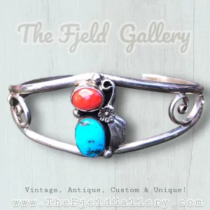 Vintage Sterling Silver Native American Turquoise & Res Coral Cuff Bracelet