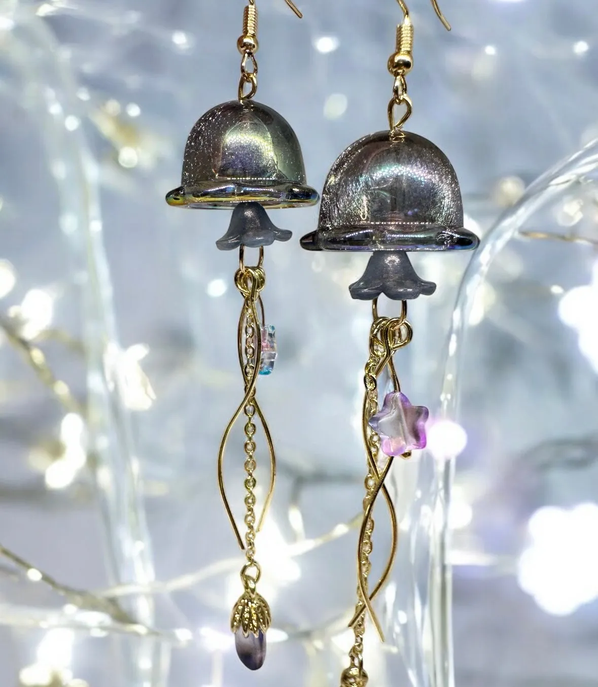 Whimsical - Navy blue sparkly clear Jellyfish earrings | sea creature zoology earrings | colourful clear iridescent dangle oversize earrings | halgoram earrings