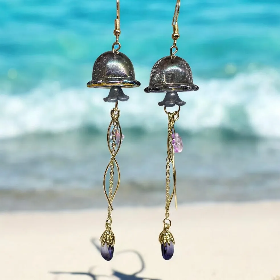 Whimsical - Navy blue sparkly clear Jellyfish earrings | sea creature zoology earrings | colourful clear iridescent dangle oversize earrings | halgoram earrings