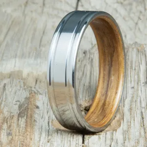 Whiskey barrel bentwood ring with polished double groove 6mm titanium