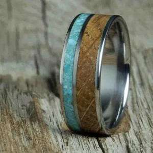 Whiskey barrel mens wedding ring with turquoise